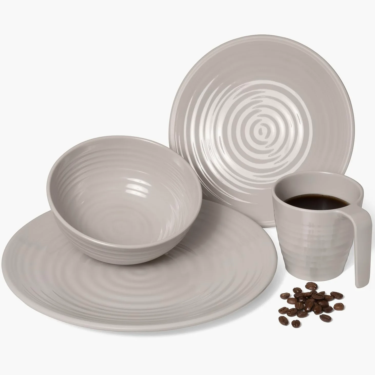 Vajilla de melamina para camping, 4 personas, diseño de café, 16 piezas + 4 vasos Timo, copas de champán, vajilla de pícnic, barbacoa