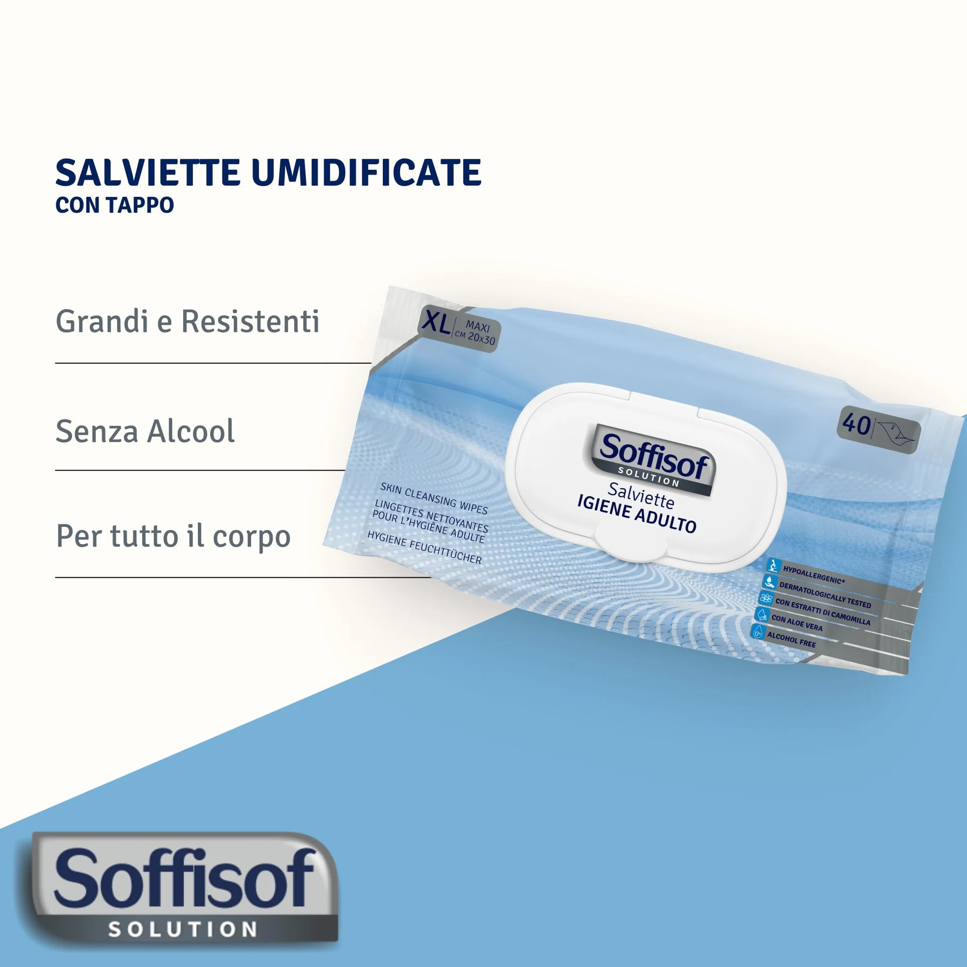 Soffisof Toallitas Húmedas Adultos XL 20x30 cm 240 Unidades - Higiene Corporal Sin Aclarado para Piel Sensible