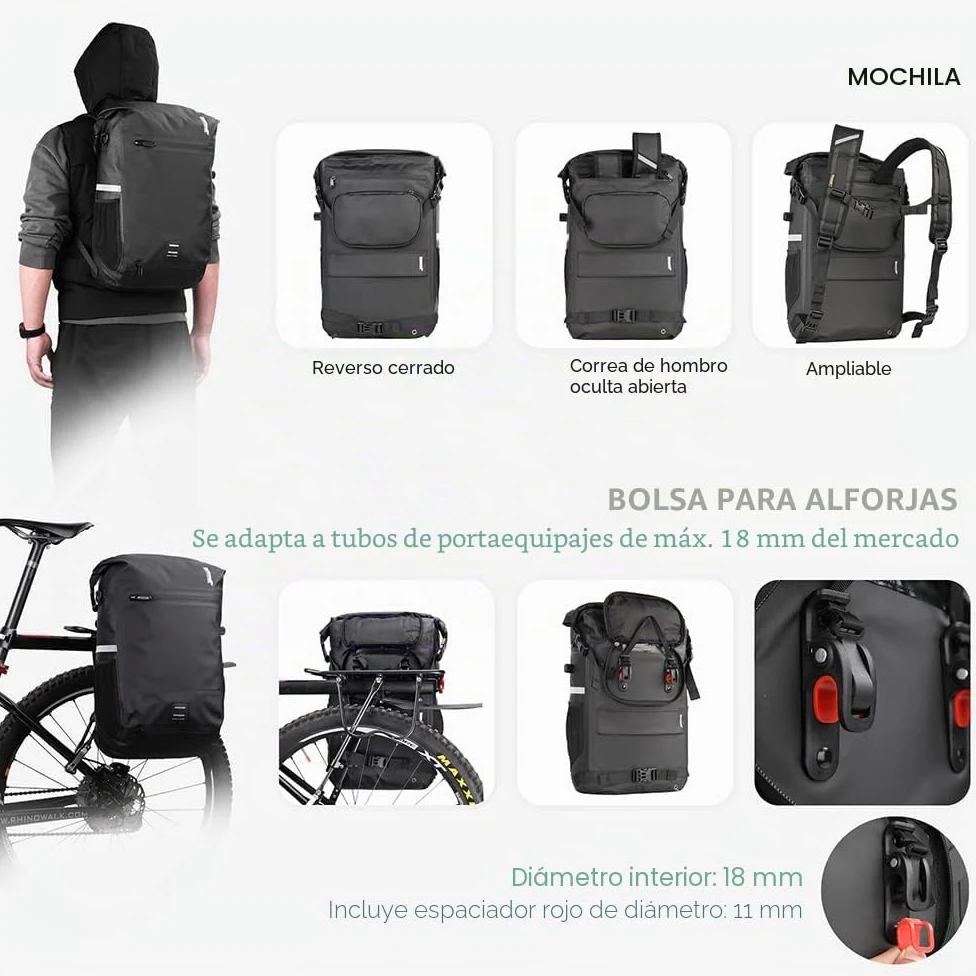 Rhinowalk Bolsa para Bicicleta Impermeable de 22 L, de Hombro y Viaje, Accesorio de Ciclismo Profesional, Negro