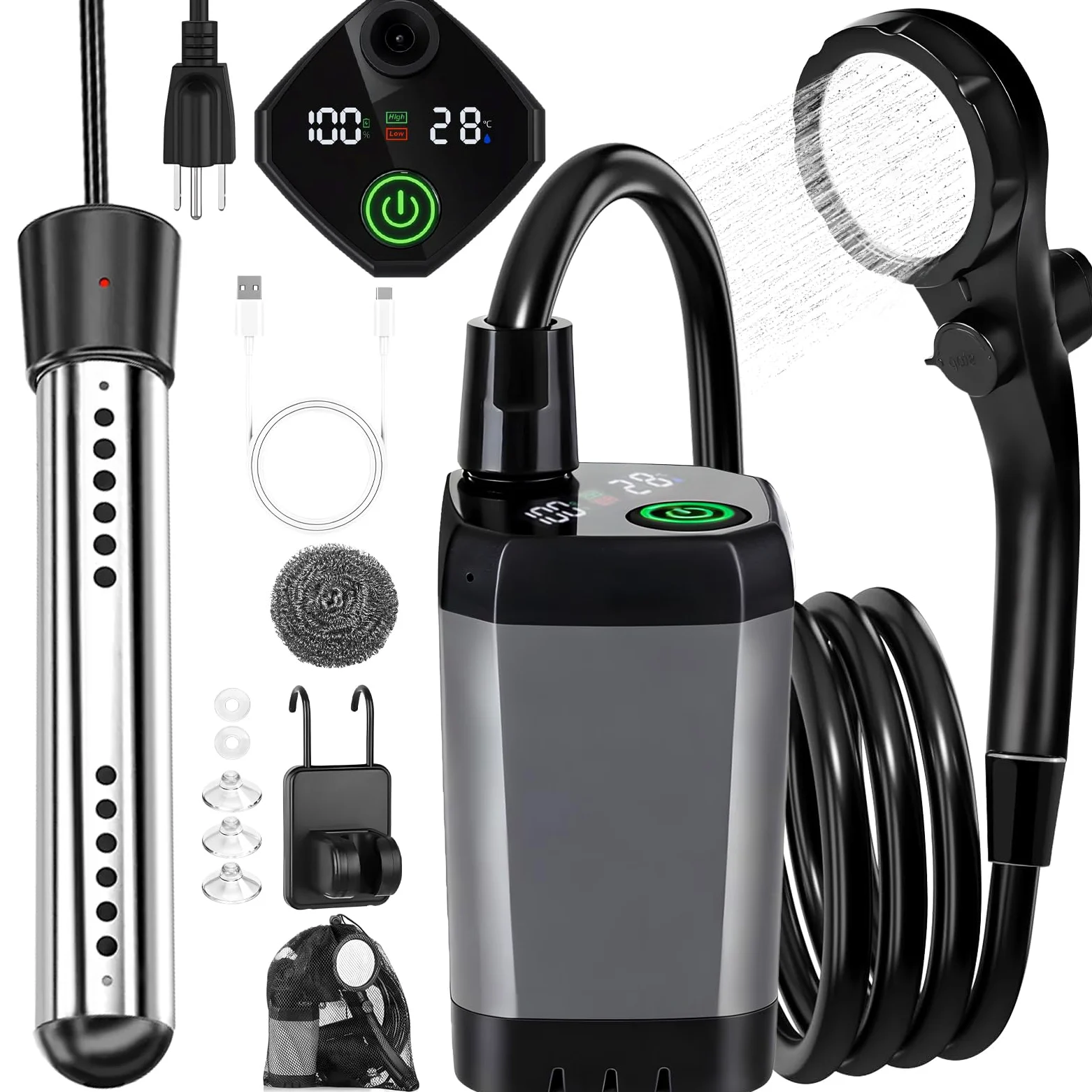 Ducha portátil para camping, 6000 mAh recargable al aire libre con pantalla LED, bomba de ducha portátil impermeable IPX7 y cabezal de ducha para senderismo, viajes, RV, coche, baño de