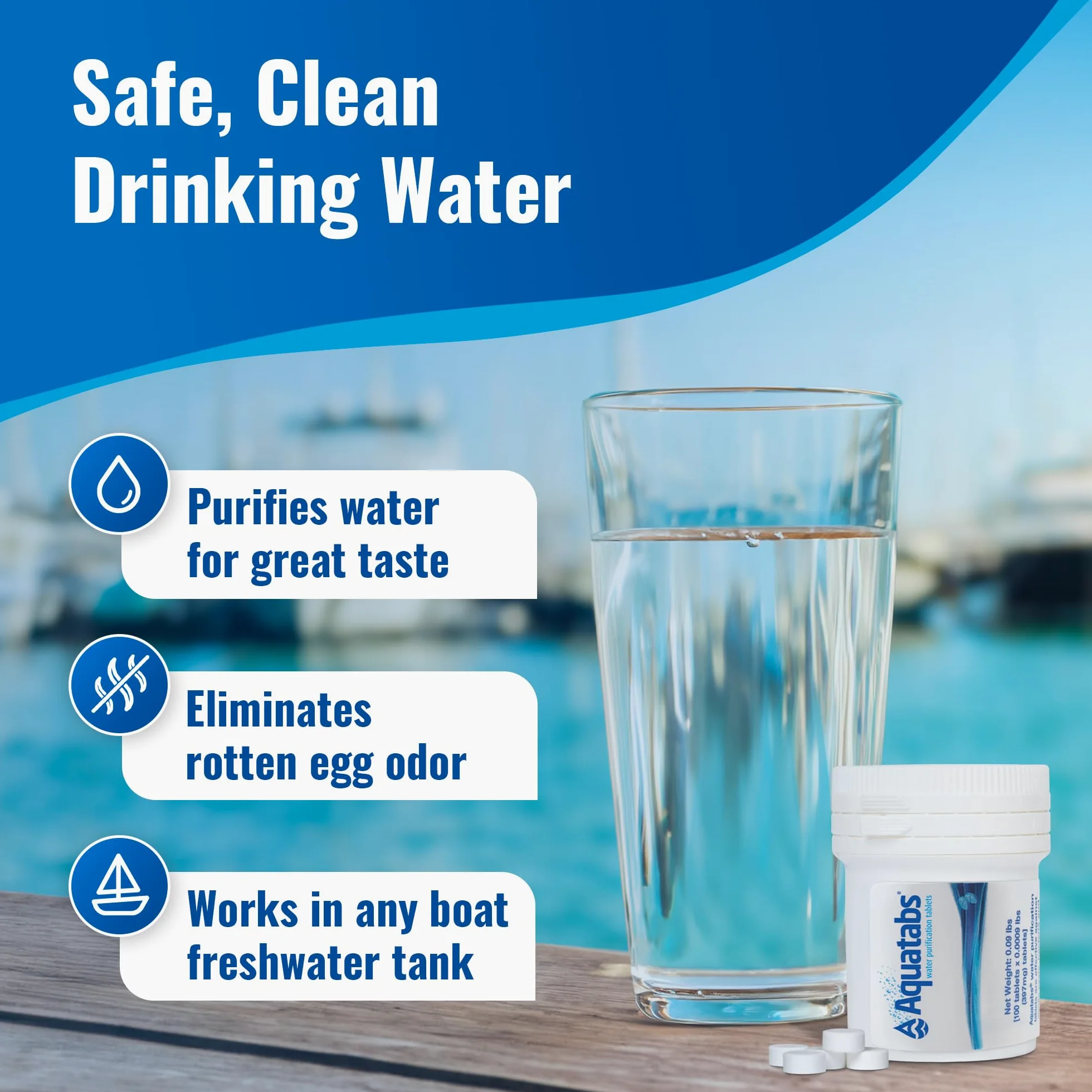 Aquamarine Water Solutions - Kit esencial de agua potable - 100 tabletas de purificación de agua Aquatabs + 50 tiras de prueba de cloro - para tanques de barco y RV