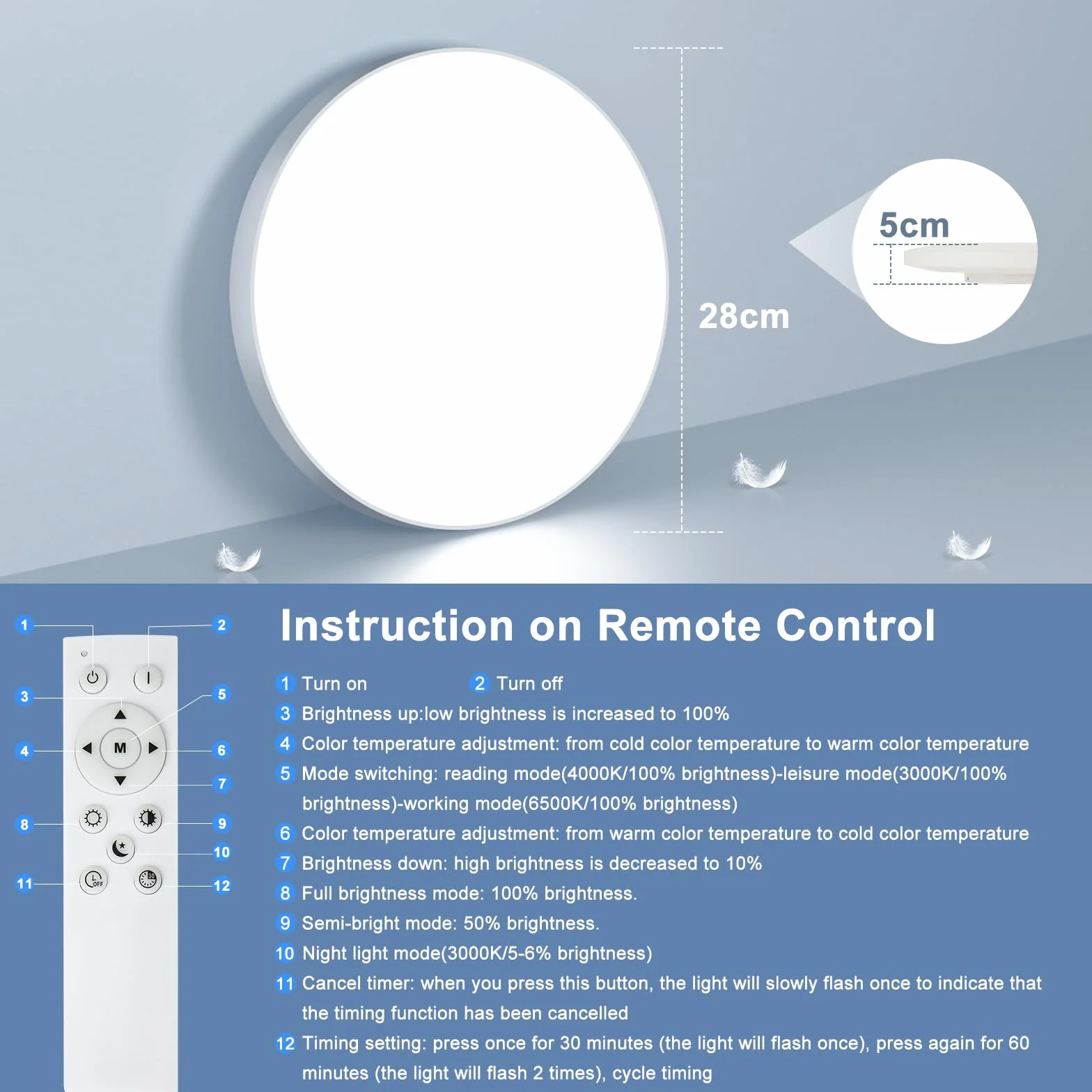 OUILA Plafon LED Regulable 24W 3000K-6500K 2000LM IP44 Lampara con Mando a Distancia Ø28cm