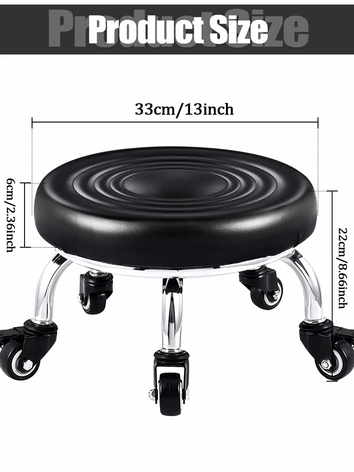 Taburete Giratorio Ajustable con Ruedas Asiento Redondo Cuero Negro para Salón Masajes Peluquería SPA