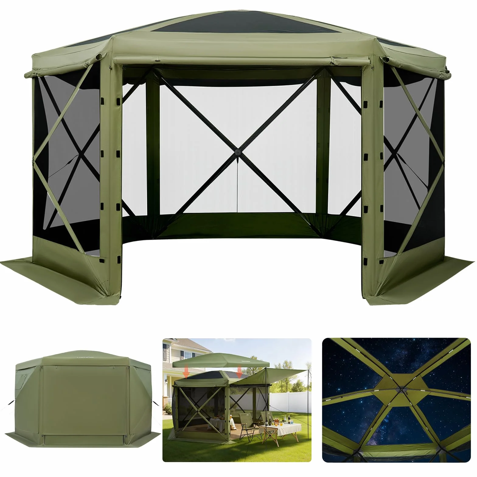VEVOR Carpa Plegable de 6 Lados 3 x 3 m, Pérgola de Jardín con Techo Desmontable y Bolsa de Transporte, Carpa de Exterior para 6 a 8 Personas, para Fiesta, Camping, Playa, Patio, Jardín, Verde