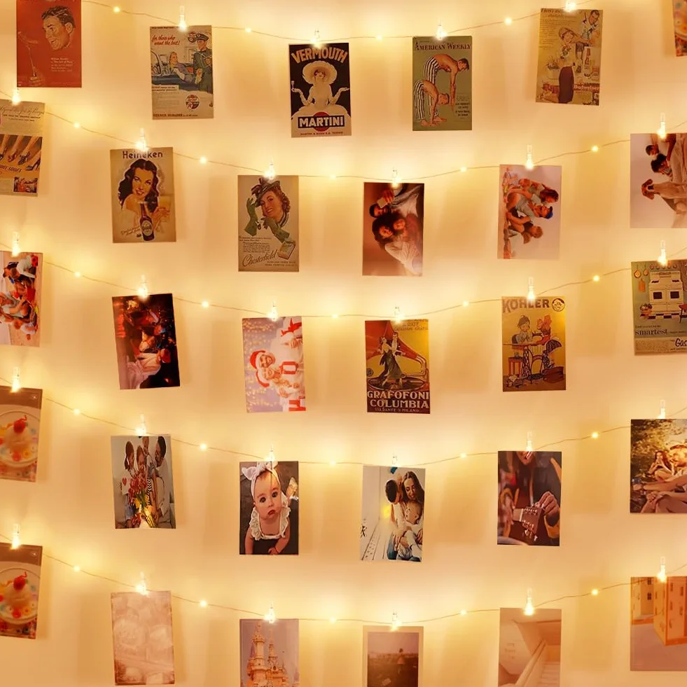 Clip Cadena de Luces LED 10M 100LED Batería 60Pinzas Transparentes Decoración Pared Dormitorio Fiesta Navidad
