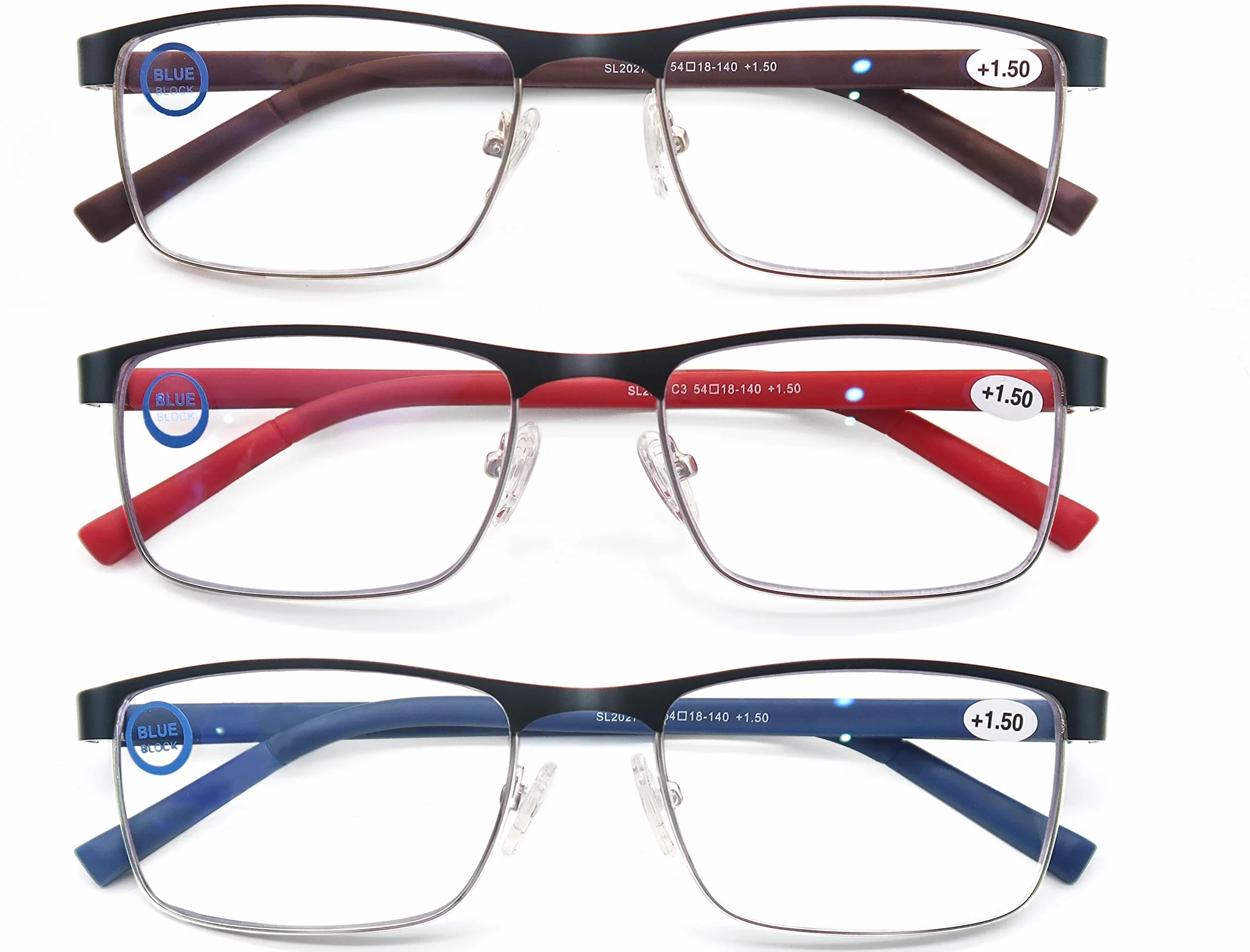 MODFANS Pack de 3 Gafas de Lectura Anti Luz Azul Rectangular Metal Acero Inoxidable Lente Clara