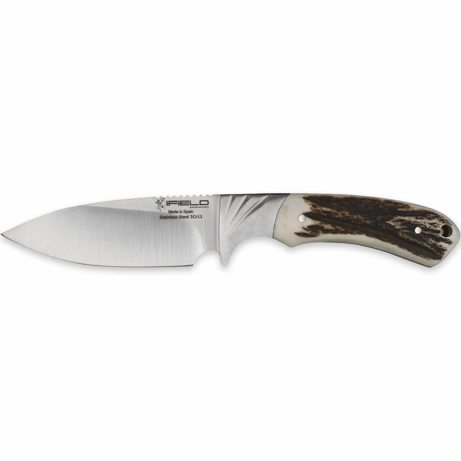iFIELD Cuchillo de caza deportivo Camper EL29019, hoja 10,8 cms, grosor 3,8 mm, total 22,8 cm, mango de ciervo, con funda de piel, herramienta de camping para pesca, caza, actividad deportiva