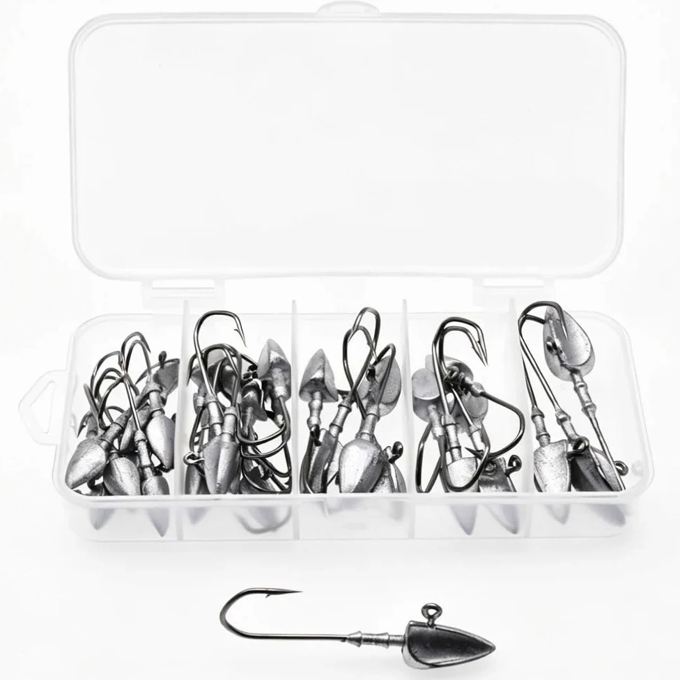 Anzuelos de Pesca 33 unids/Caja 3,5g/5g/7g/10g anzuelos de Cabeza Triangular for Aparejos Pesca Gusanos Blandos Anzuelo mar Cebo Combinado