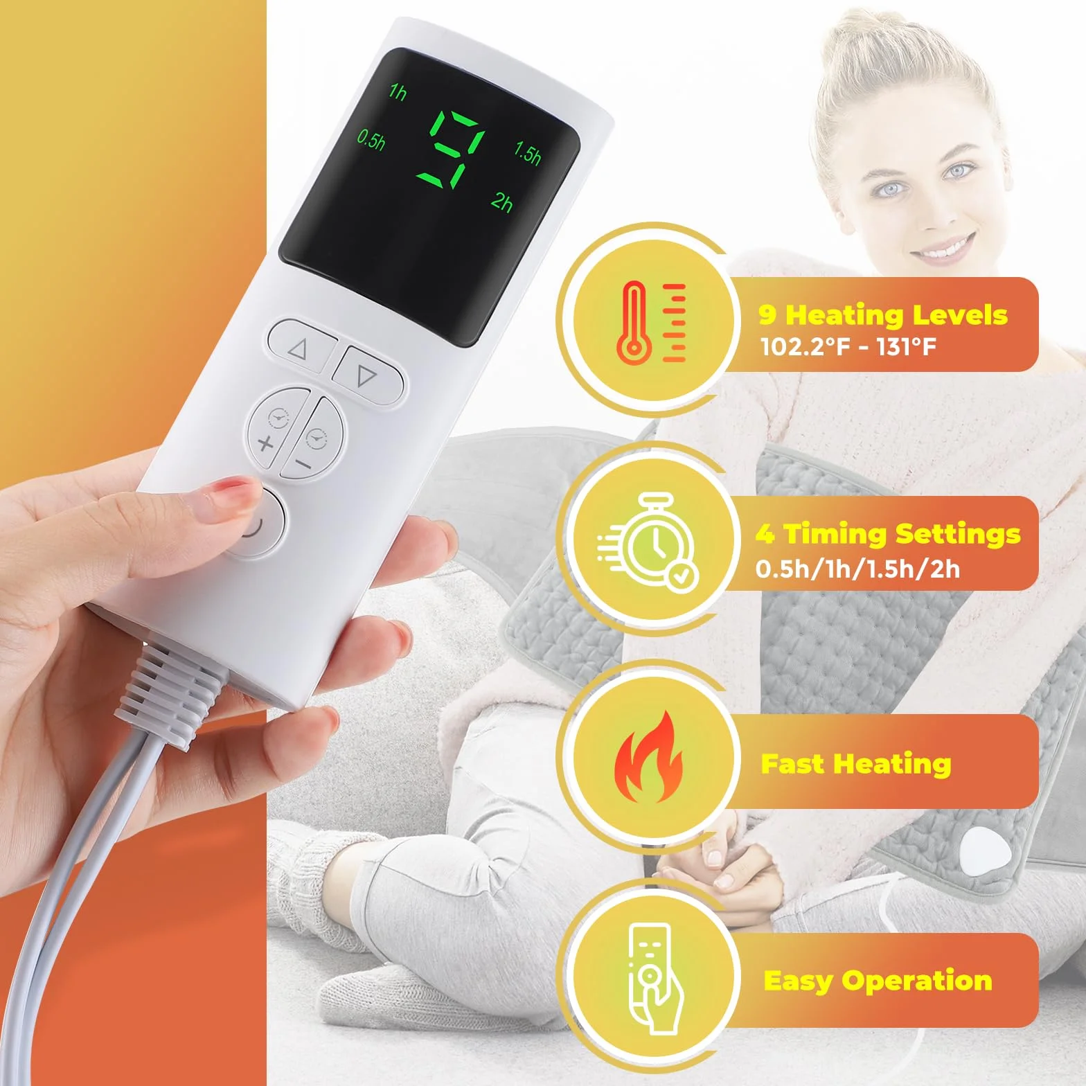 Almohadilla Térmica Eléctrica 9 Niveles Calefacción 4 Temporizadores Calentamiento Rápido 30x126cm