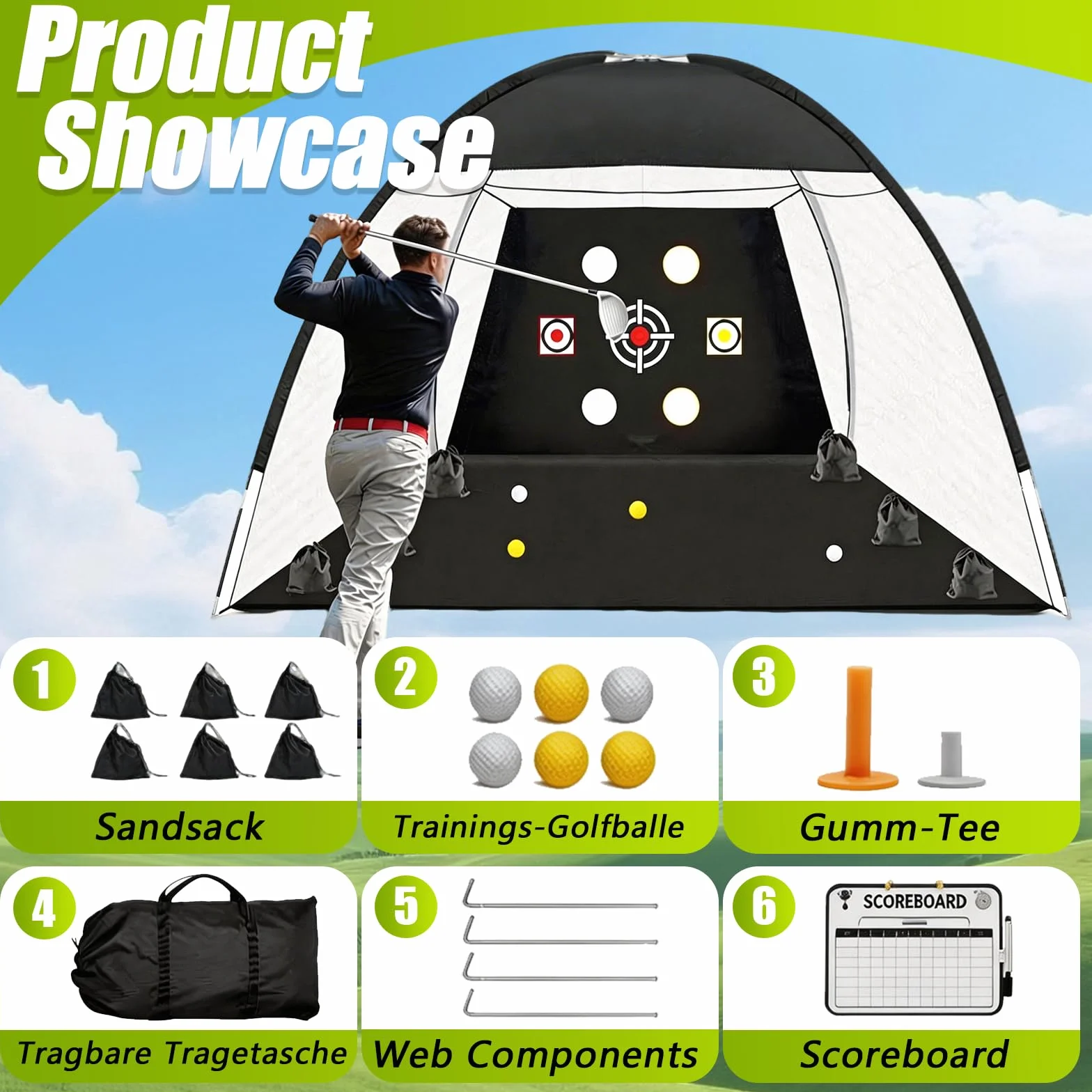 Red de Práctica de Golf, 300 x 200 cm Red de Práctica de Swing de para Interiores y Exteriores con Esterilla de Césped Pelotas de Golf Tees Saco de Arena Ganchos Mostrador y Bolsa de Transporte