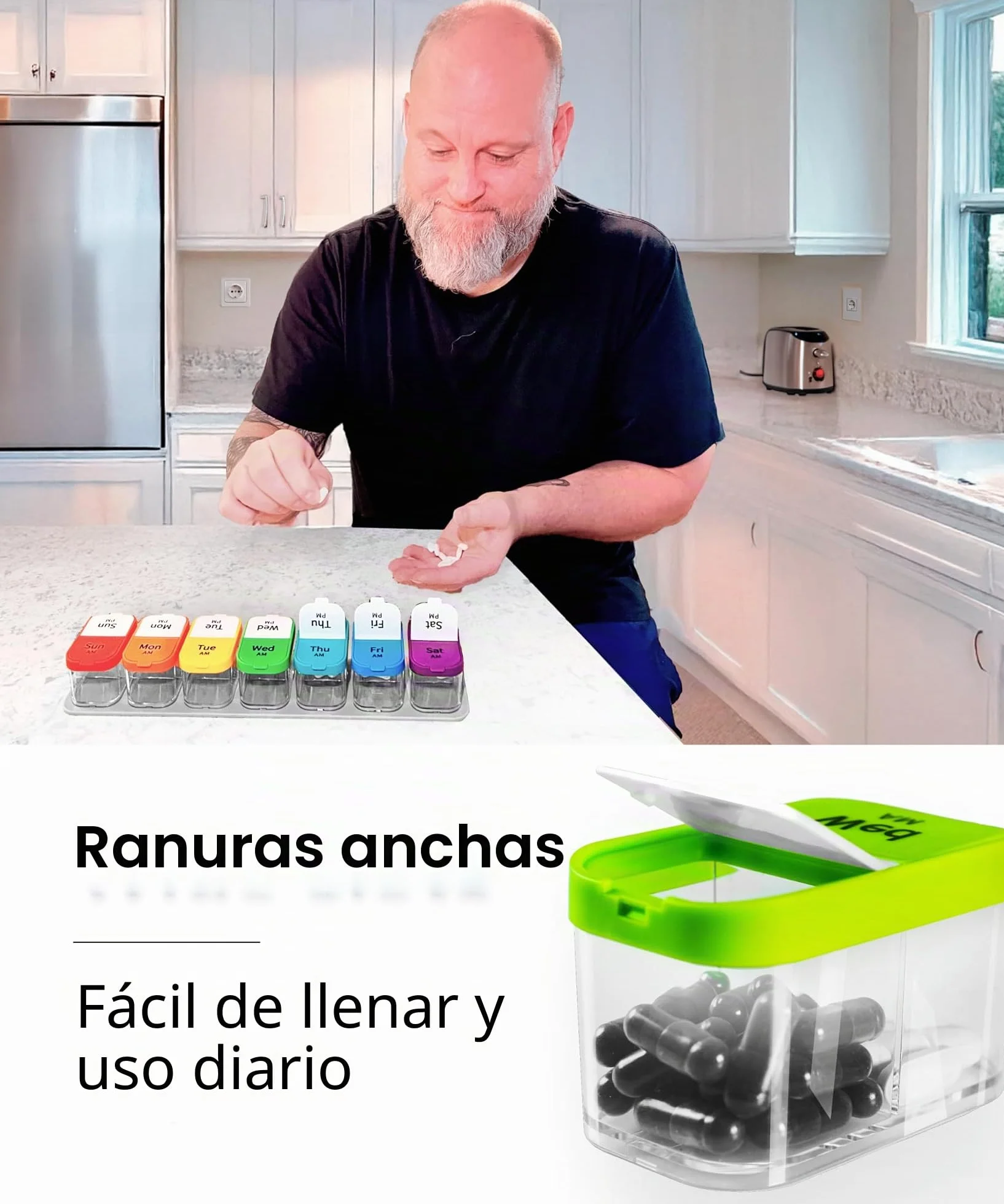 Organizador semanal XL de píldoras con 7 compartimentos desmontables AM/PM, dispensador portátil