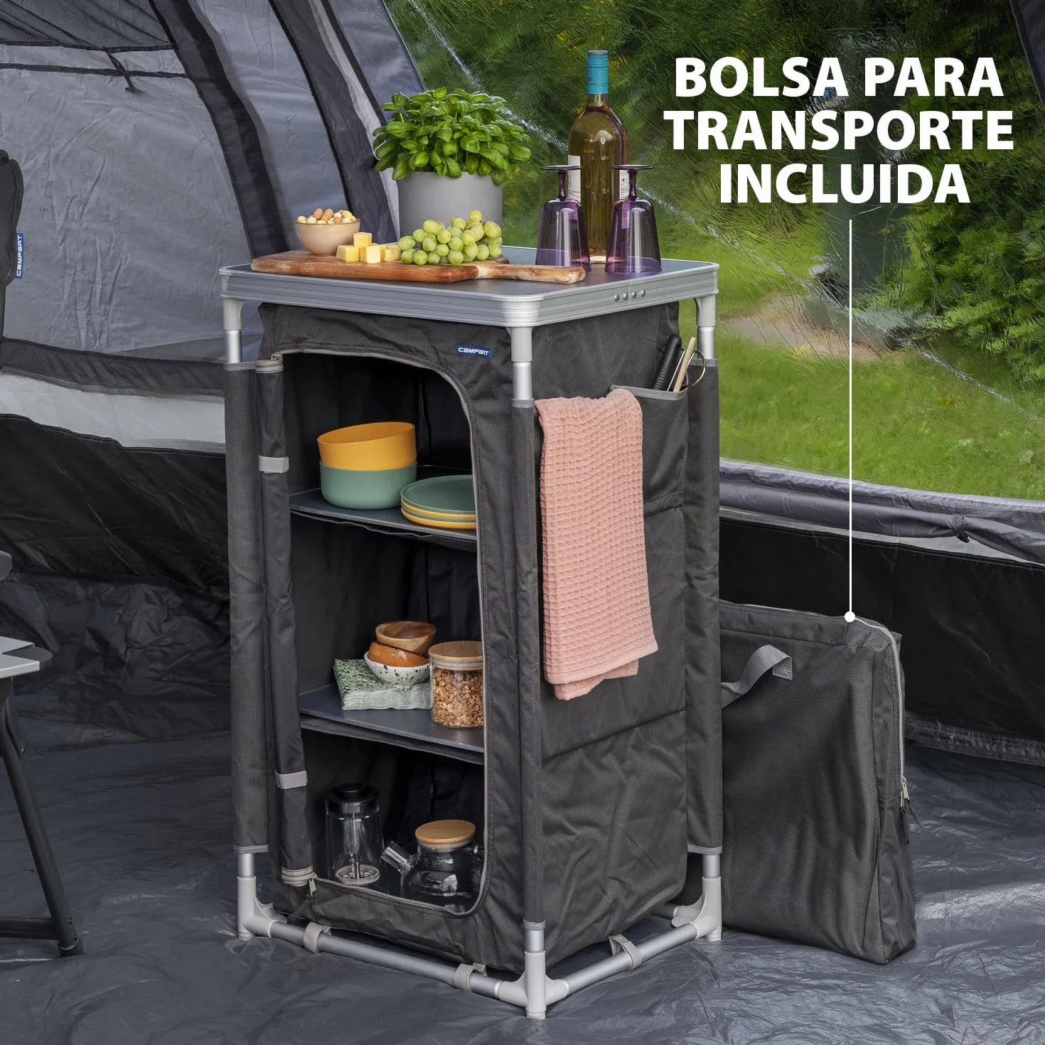 CAMPART Travel CU-0719 Armario de Camping Nice, Tres Compartimentos, Estructura de Aluminio, 97 cm de Altura, Unisex, Gris
