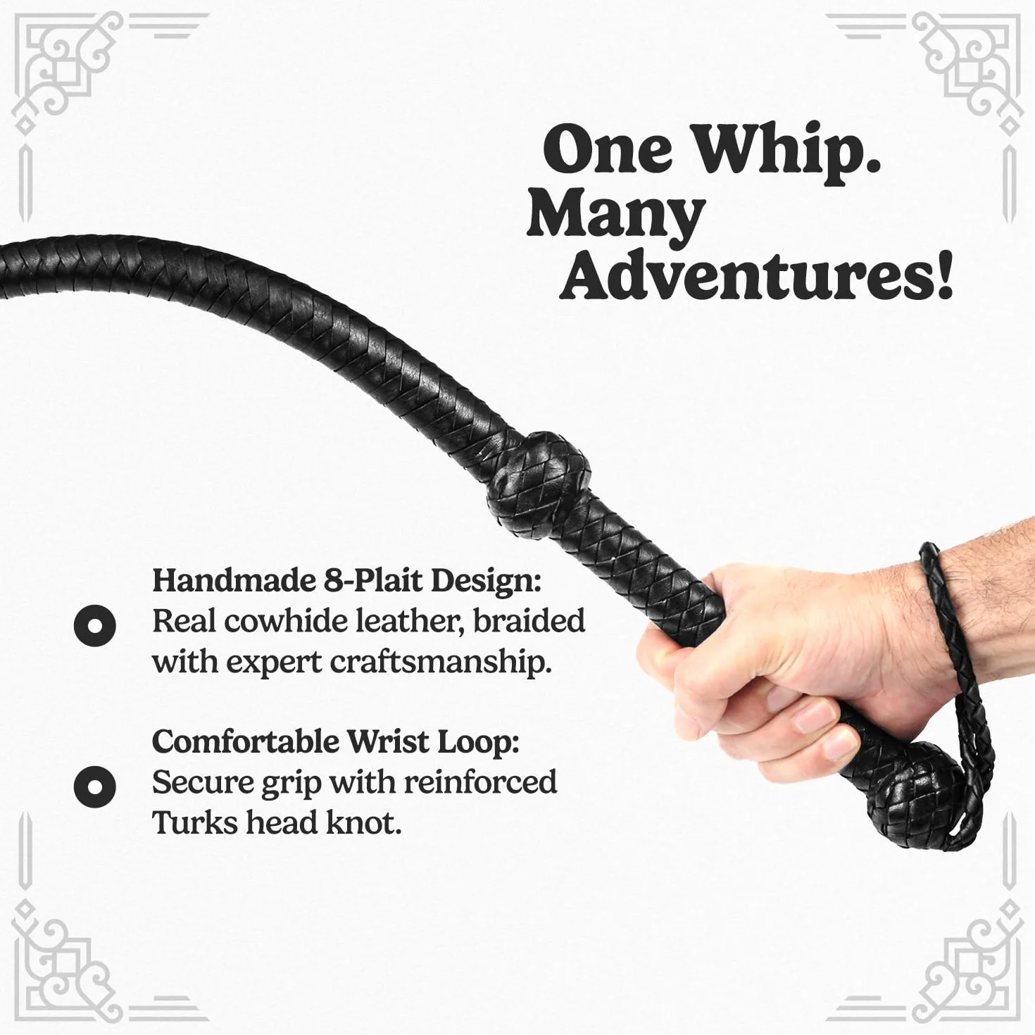 Indiana Jones Style Bull Whip Real Cow Hide Leather Equestrian Bullwhip Black 3ft, 4ft, 6ft, and 8ft Long