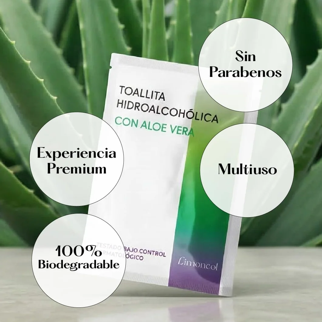 Toallitas Hidroalcohólicas con Aloe Vera, 70% Alcohol, 100 unidades