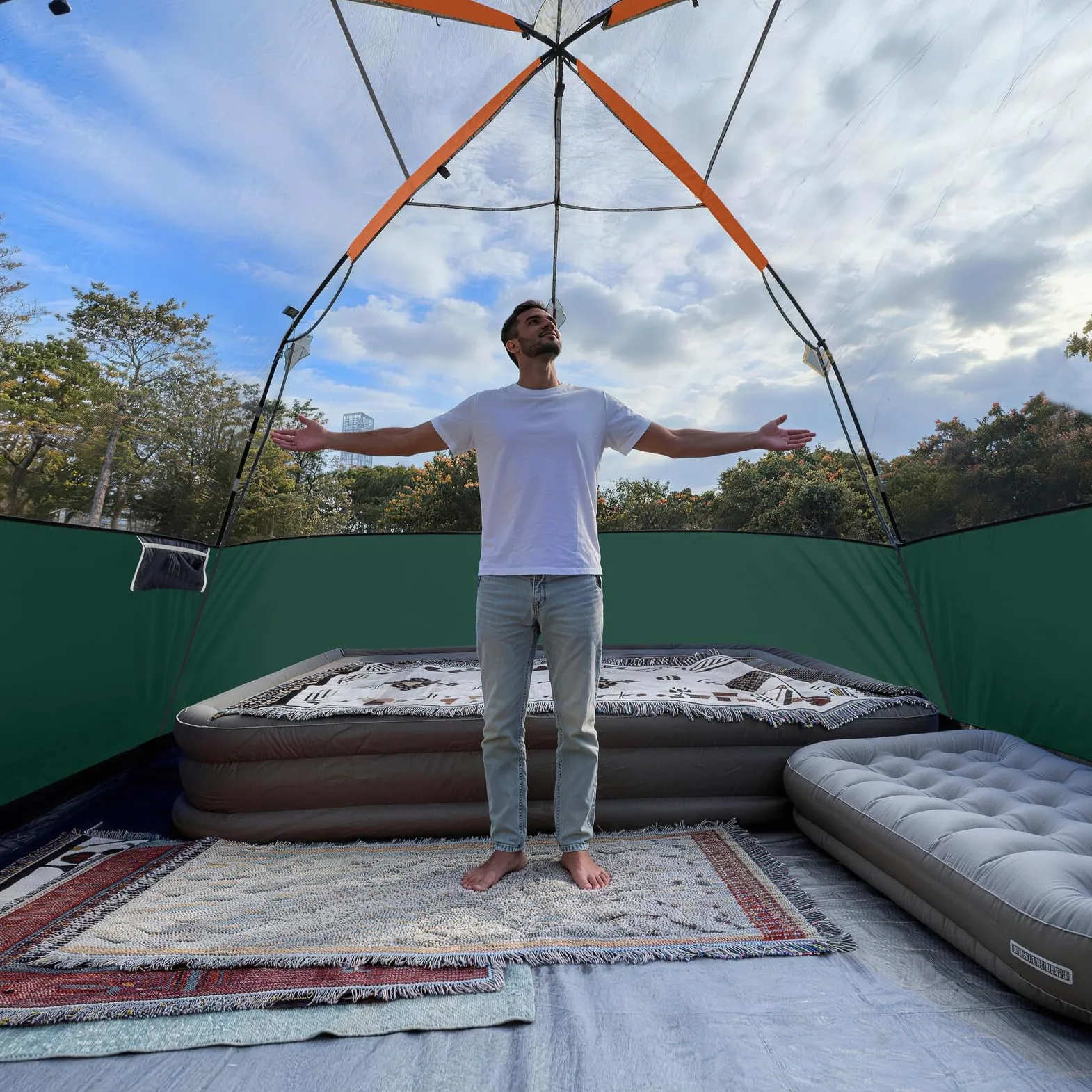 CAMPROS CP Tienda de Camping 6-8 Personas, Tienda Familiar Grande Impermeable y Resistente al Viento, Tienda Domo Doble Capa con Ventanas de Malla, Montaje Rápido, 4 Estaciones con Doble Techo y Bolsa