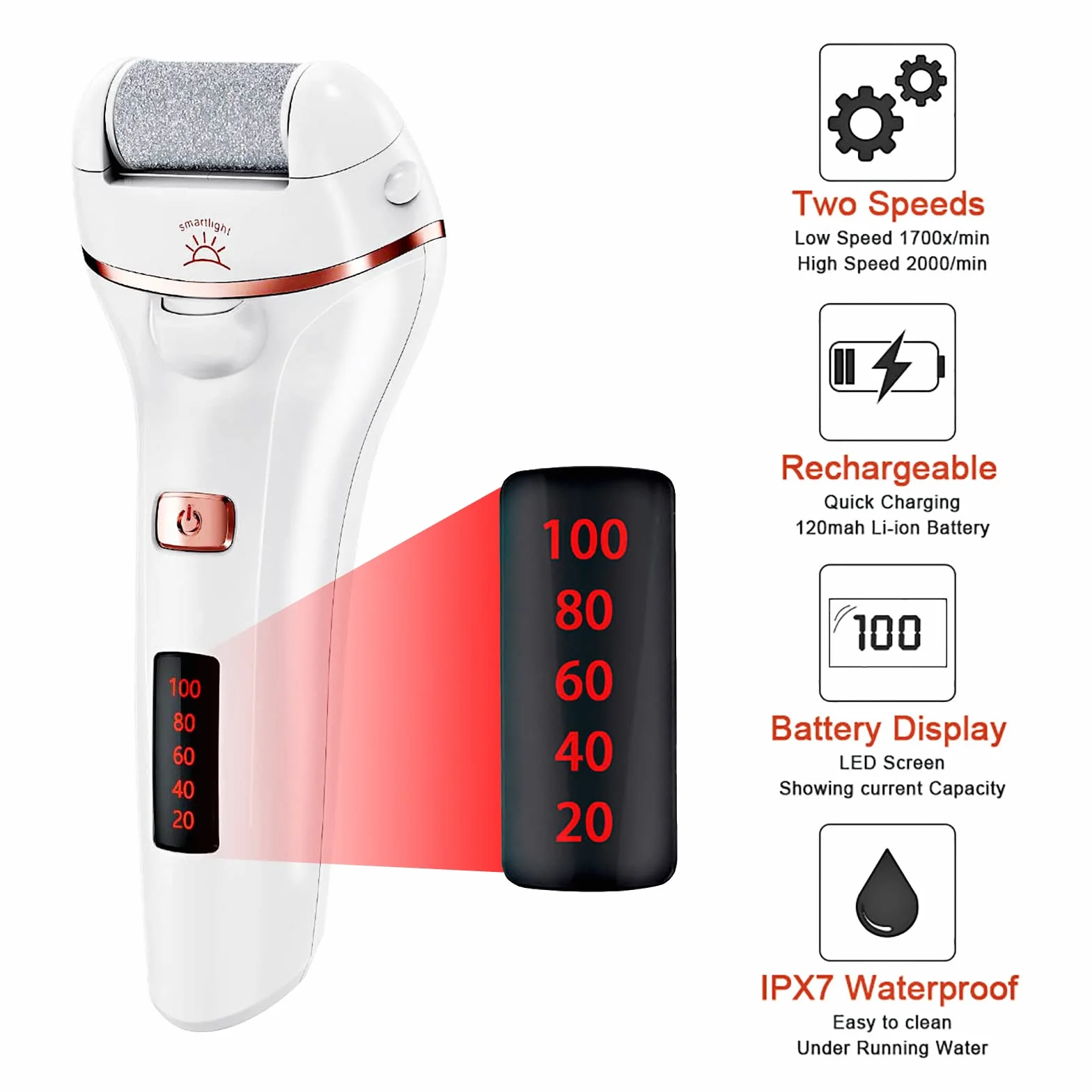 Aottom Pedicura Eléctrico Quita Durezas Eliminar Callos con 3 Diamond Rodillos IPX7 Impermeable Recargable