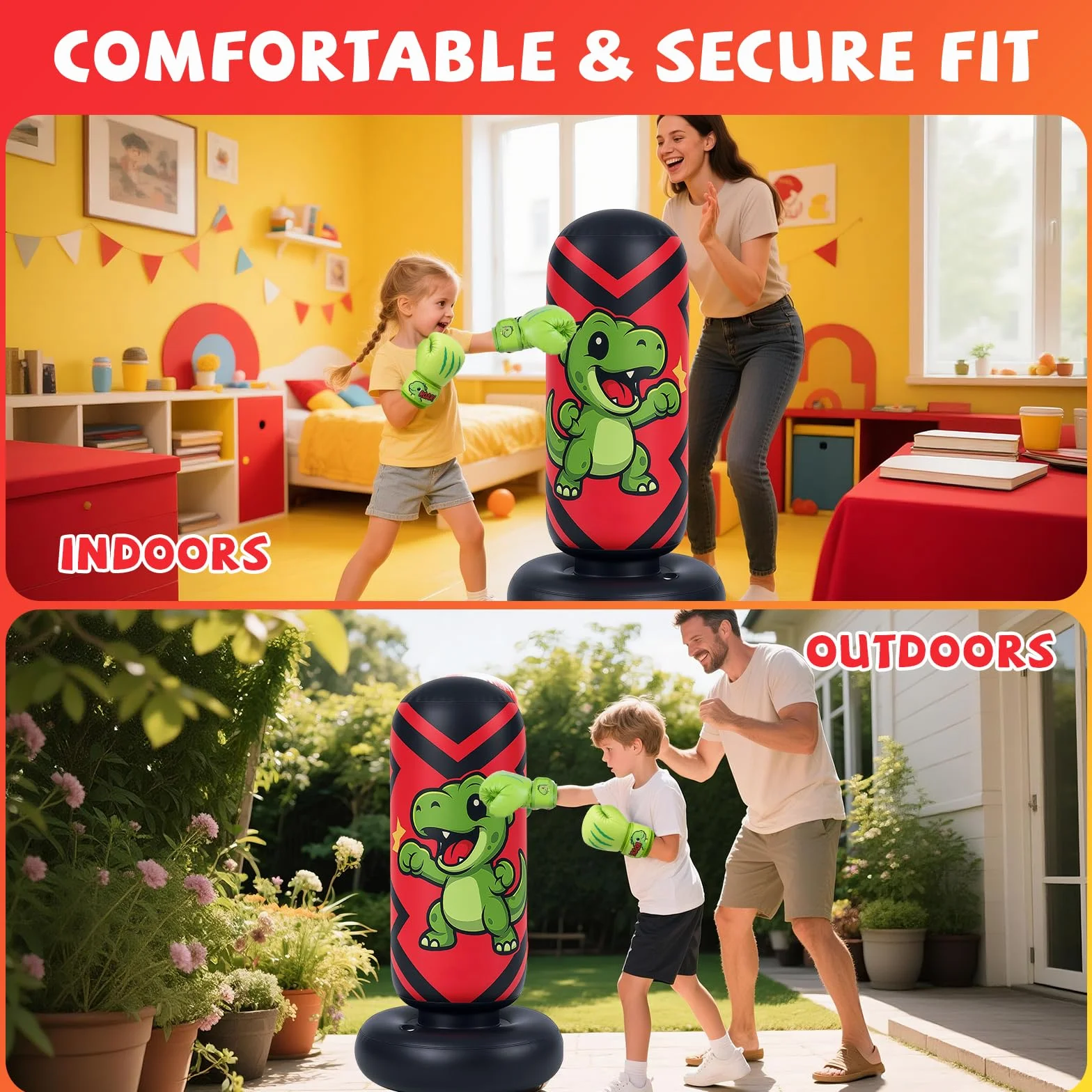 Qoosea Saco de Boxeo Niños, 130cm Bolsa de Boxeo Inflable de Pie con Guantes, Punching Ball Estable para Karate Kickboxing MMA Taekwondo, Regalo Ideal para Niños y Niñas de 3-8 años