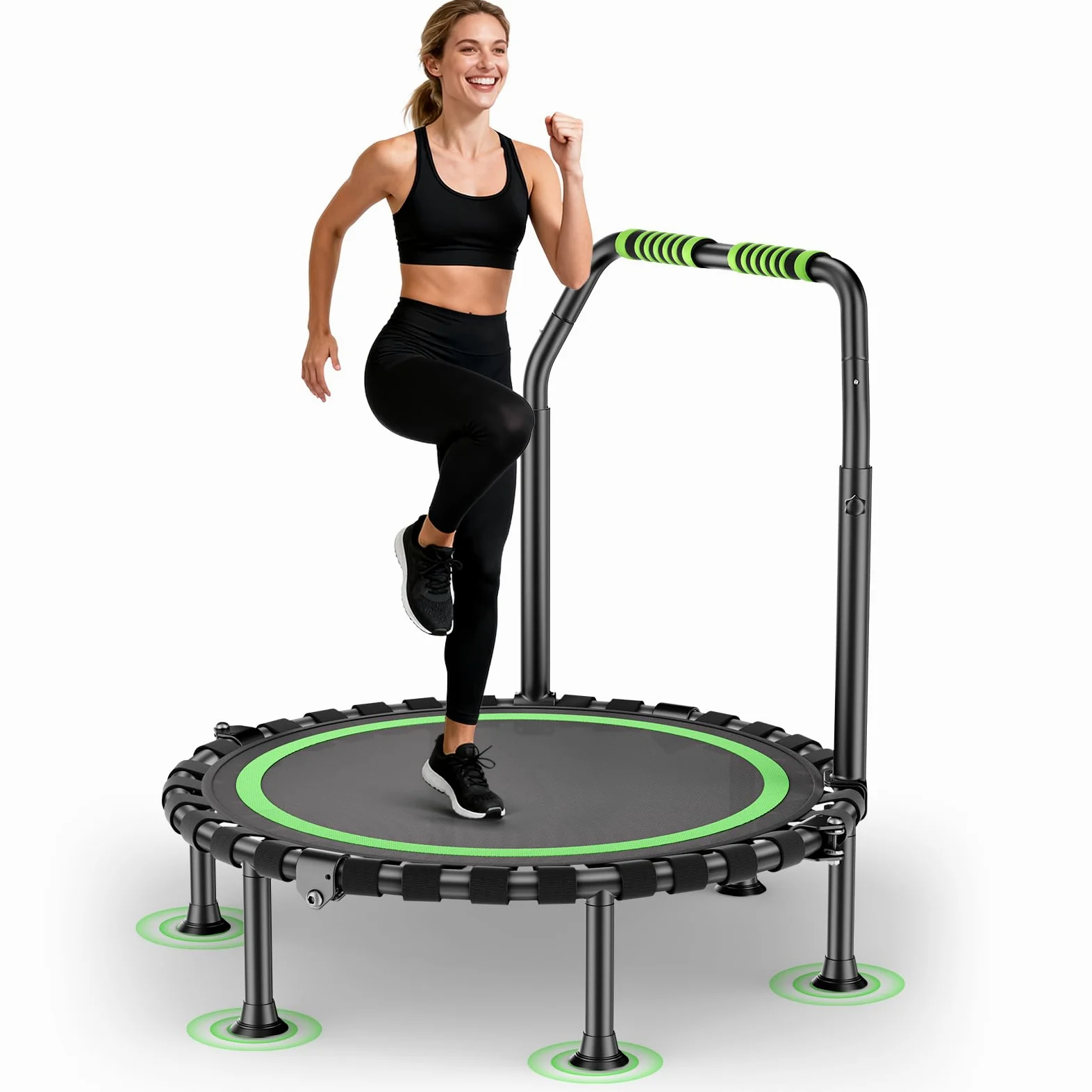 Trampolín de 101 cm de diámetro, plegable para fitness, capacidad de carga de 150 kg, altura de pasamanos ajustable, entrenamiento de resistencia, diferentes grupos de personas