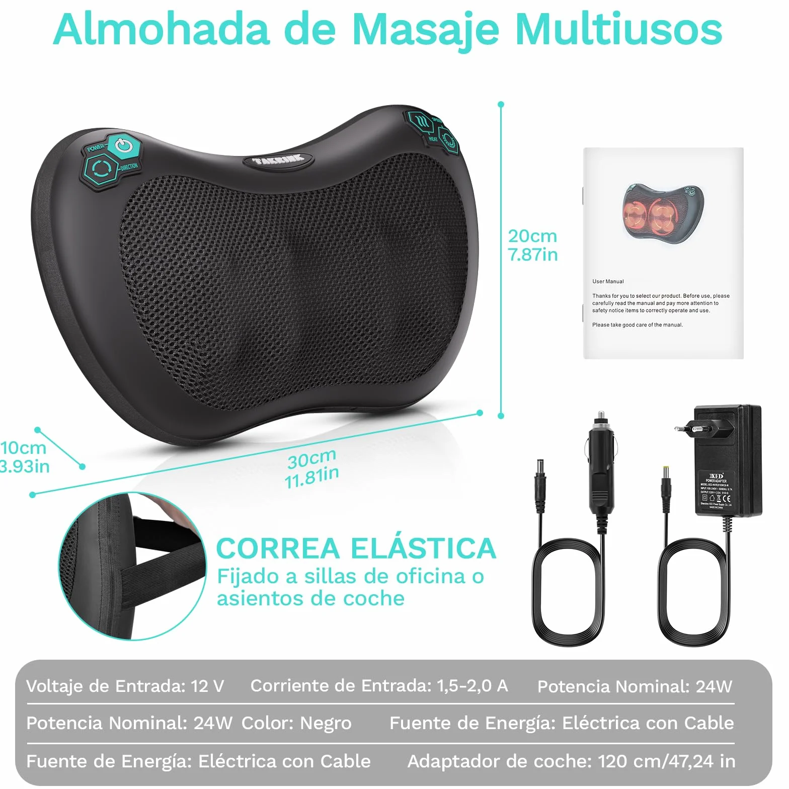 Masajeador Shiatsu para Espalda con 8 Nudos y 3 Velocidades Rotación Ambas Direcciones