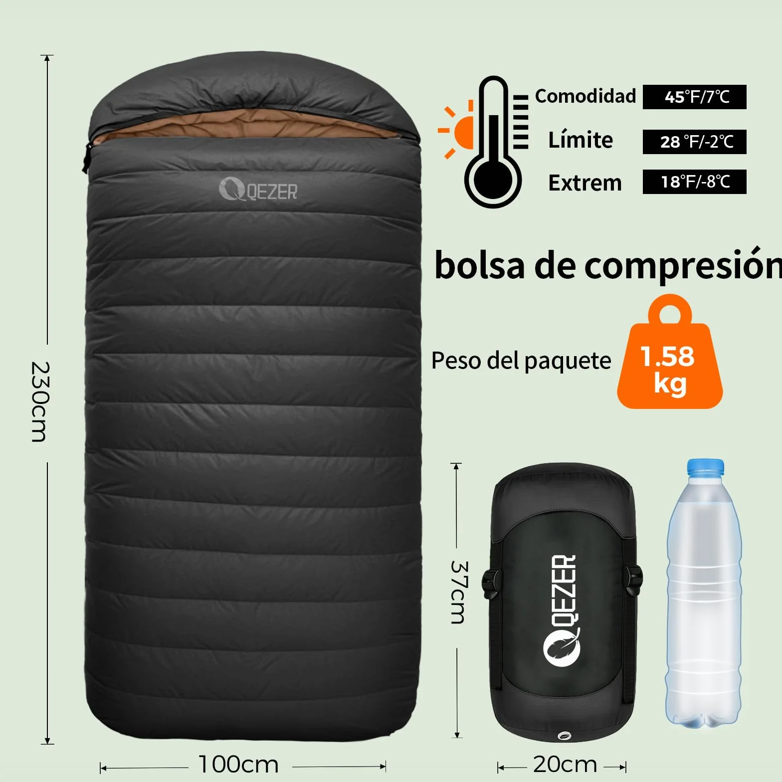 Saco de Dormir plumón XXL, Saco de Dormir Extra Grande de 230 x 100, 3-4 Estaciones, Ligero y cálido, para Adultos al Aire Libre, Camping, Senderismo y mochileros