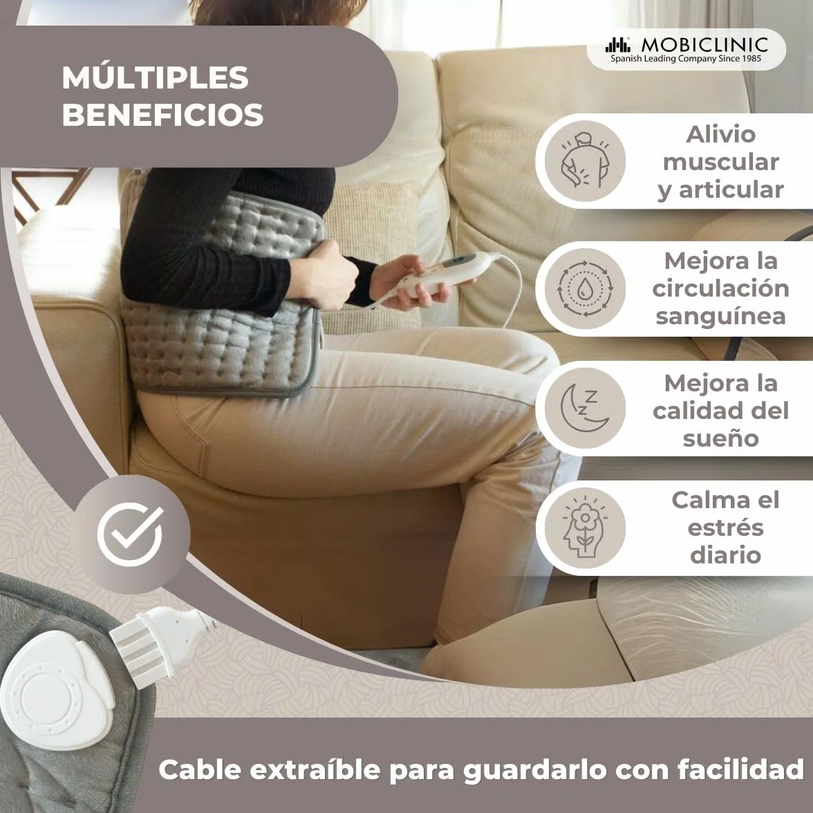 Mobiclinic, Almohadilla eléctrica, Térmica, Manta, 3 niveles de calor, Bajo consumo, Apagado automático, Potencia 100w, Esterilla, Marca española, Para espalda, Lumbares, 40x30 cm