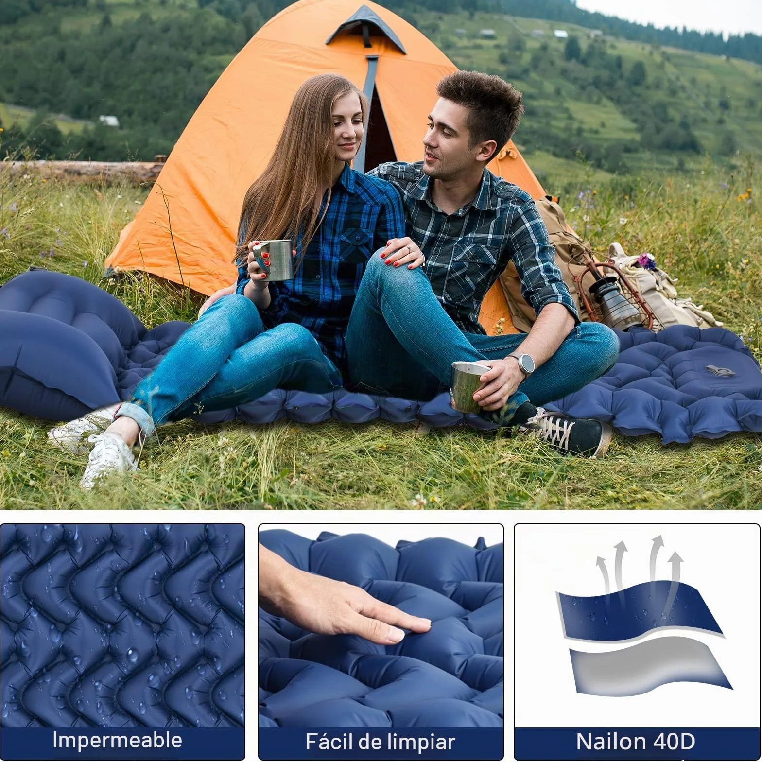 Esterilla Camping Autoinflable, Espesar Colchoneta Camping Hinchable con Almohada, Ultraligero Colchon Hinchable Camping con Bomba de Pie, para Viajes, Exteriores, Senderismo, Playa