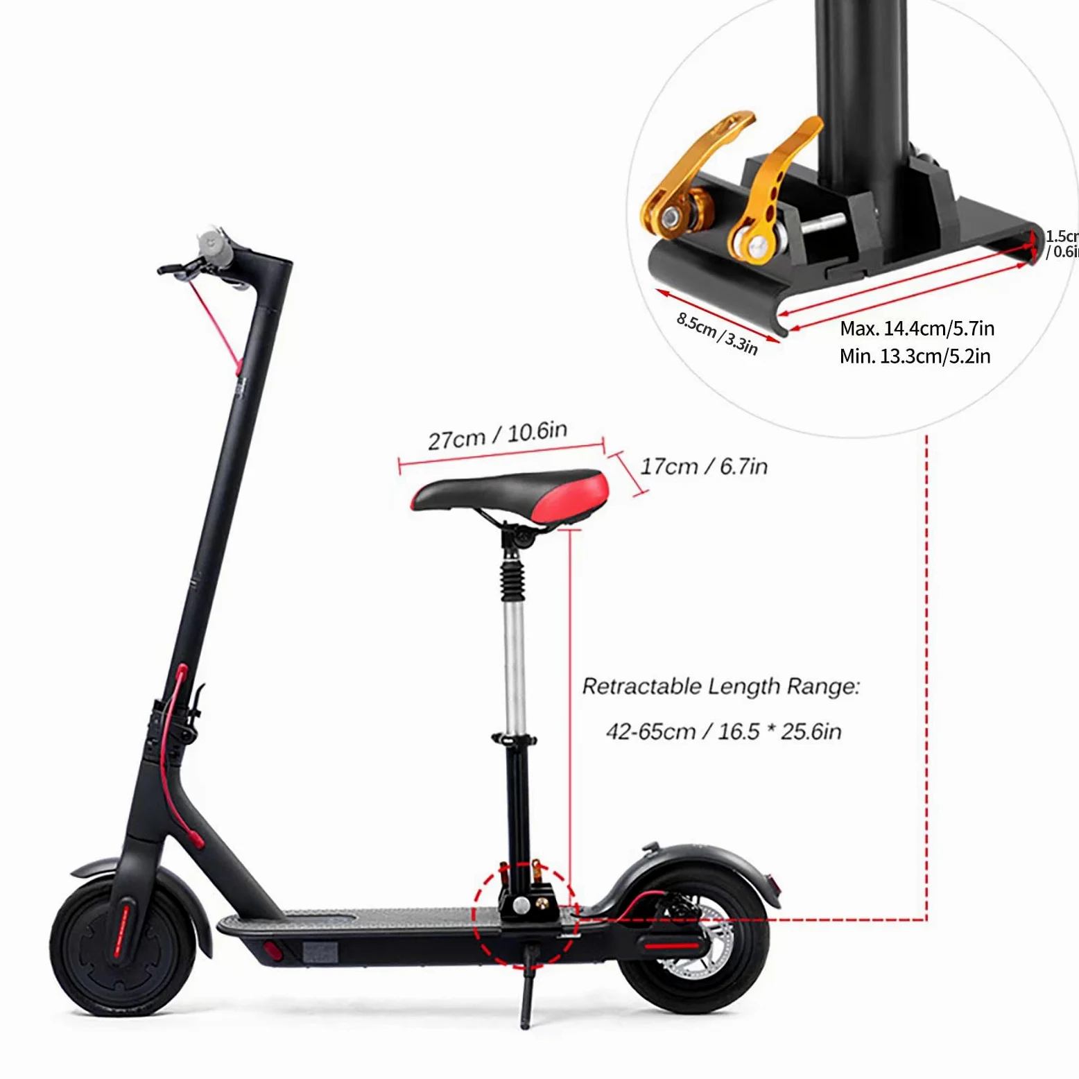 Asiento para scooter eléctrico accesorio para scooter eléctrico Xiaomi asiento adecuado para pedal ancho 140-152 mm, grosor del borde del pedal 9-10 m