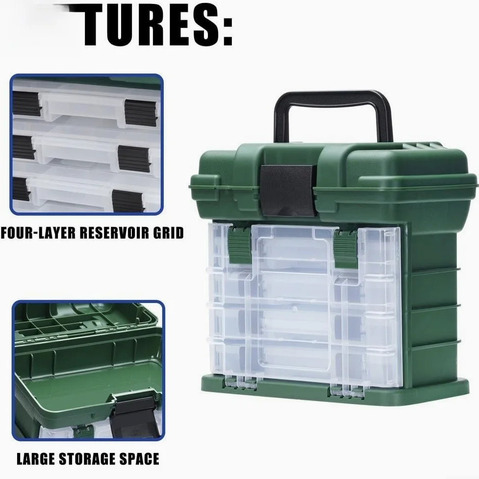 Caja de aparejos de pesca, organizador de almacenamiento impermeable con múltiples compartimentos, funda de plástico PP portátil con asa para señuelos, ganchos y equipo (verde)