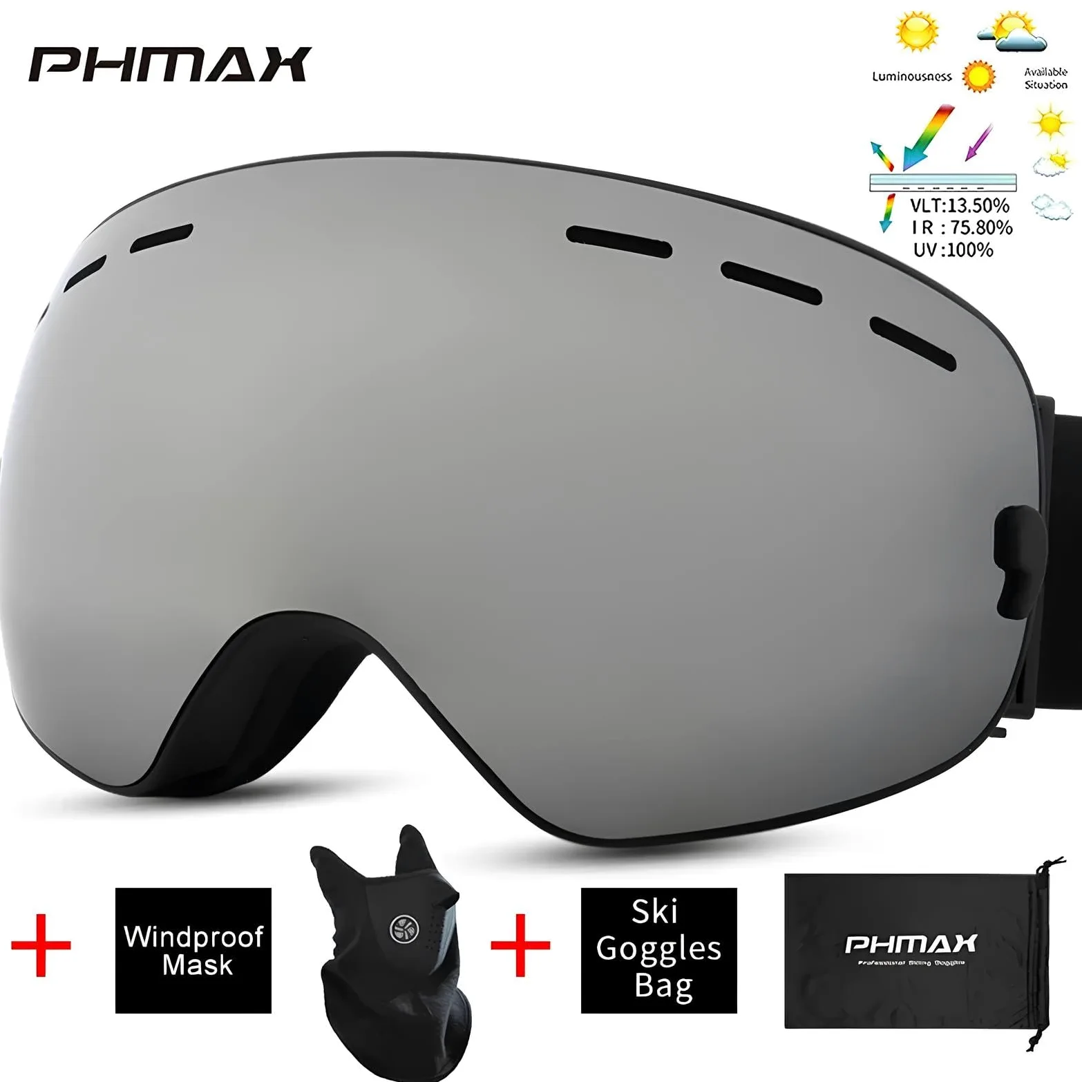 PHMAX - Máscara de esquí para hombre y mujer, gafas de esquí snowboard para moto de nieve sin montura 100% UV400, antiniebla, máscara de esquí de invierno