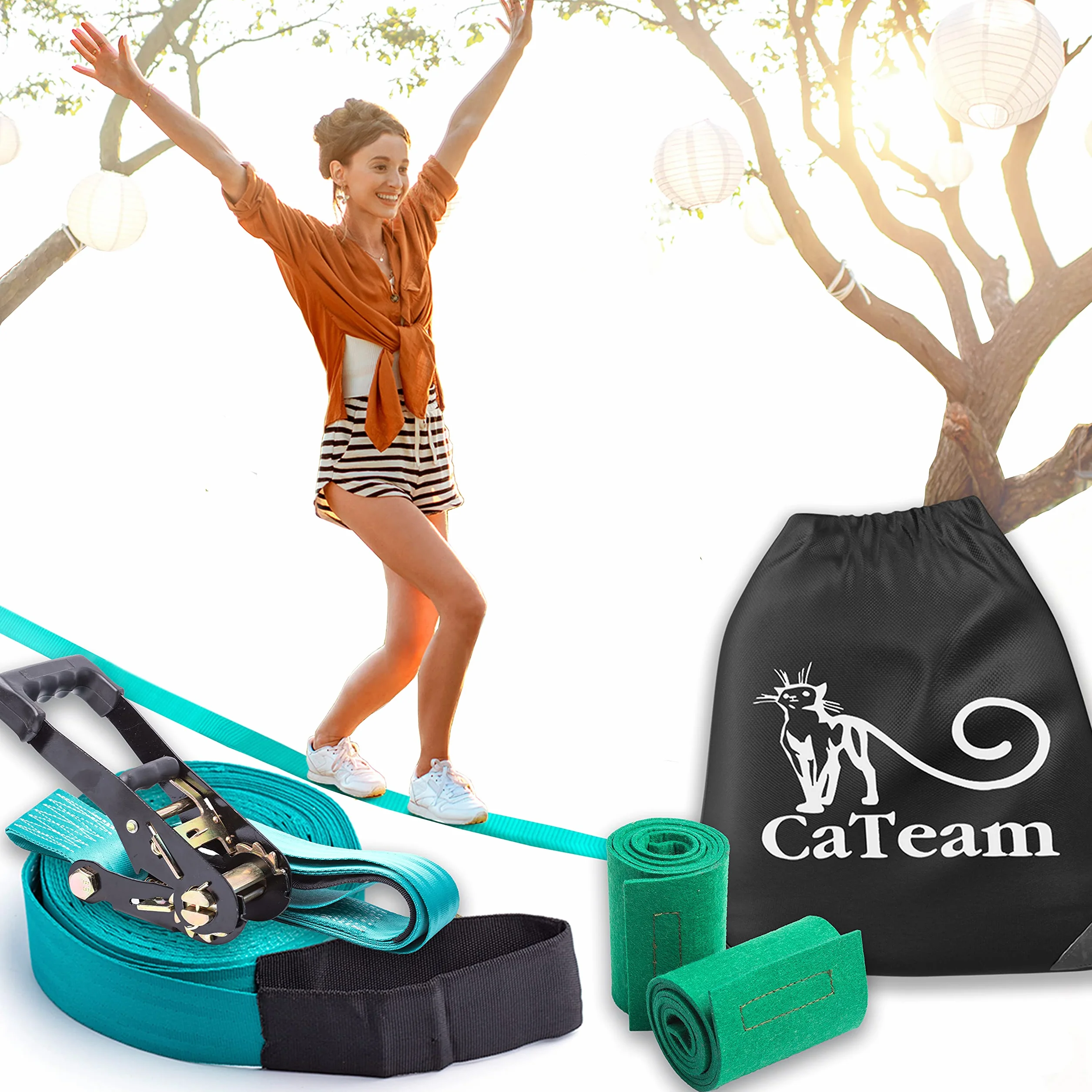 Slackline para entrenamiento de equilibrio 50 'con trinquete industrial resistente, banda protectora de árboles y bolsa de transporte de equipo - Slack Lines para patio trasero.