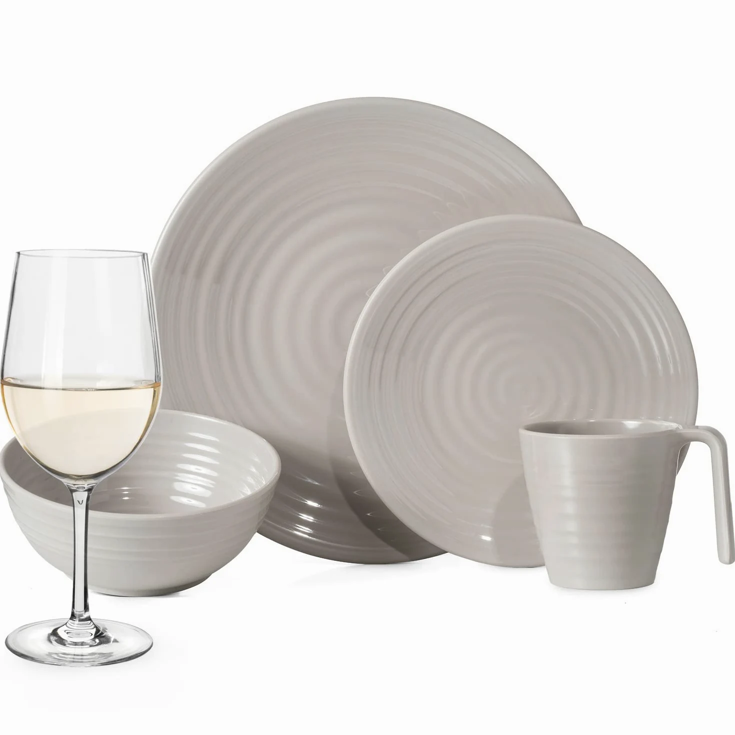 Juego de vajilla de melamina para camping (4 personas, 16 piezas, incluye 4 copas de vino Tiamo, color blanco)