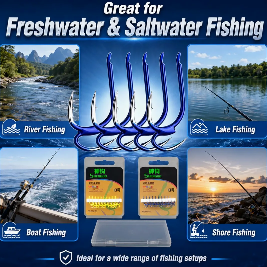 Classic Sharp Double Fishing Hooks, Kit de Anzuelos de Pesca, Anzuelos de Acero al Carbono, Anzuelos Barbelados de Doble Punta de Alta Resistencia para Agua Salada y Dulce