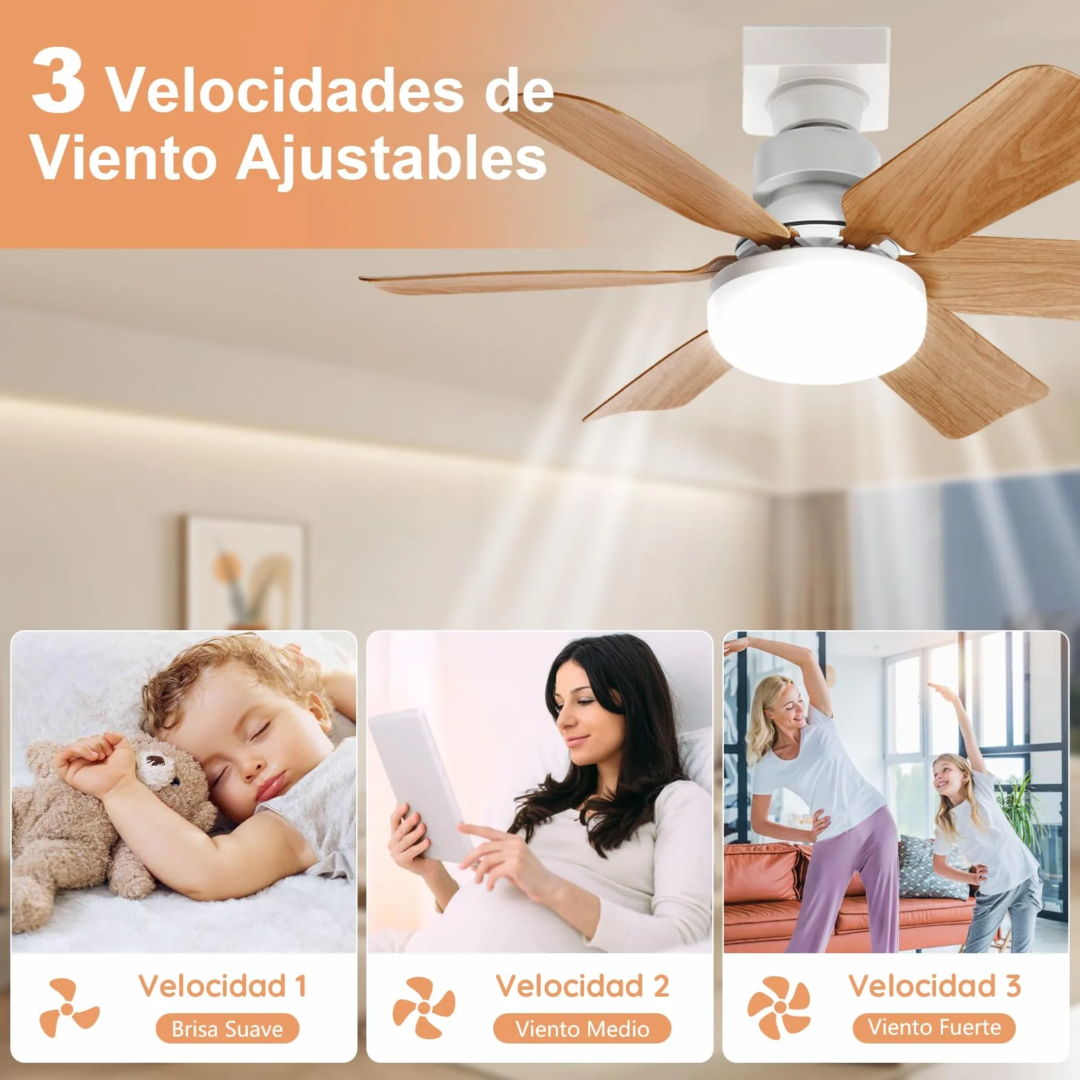 Ventilador de Techo con Luz y Mando a Distancia, 51CM, Regulación Continua de Luz, 3 Velocidades, Temperatura de Color Regulable