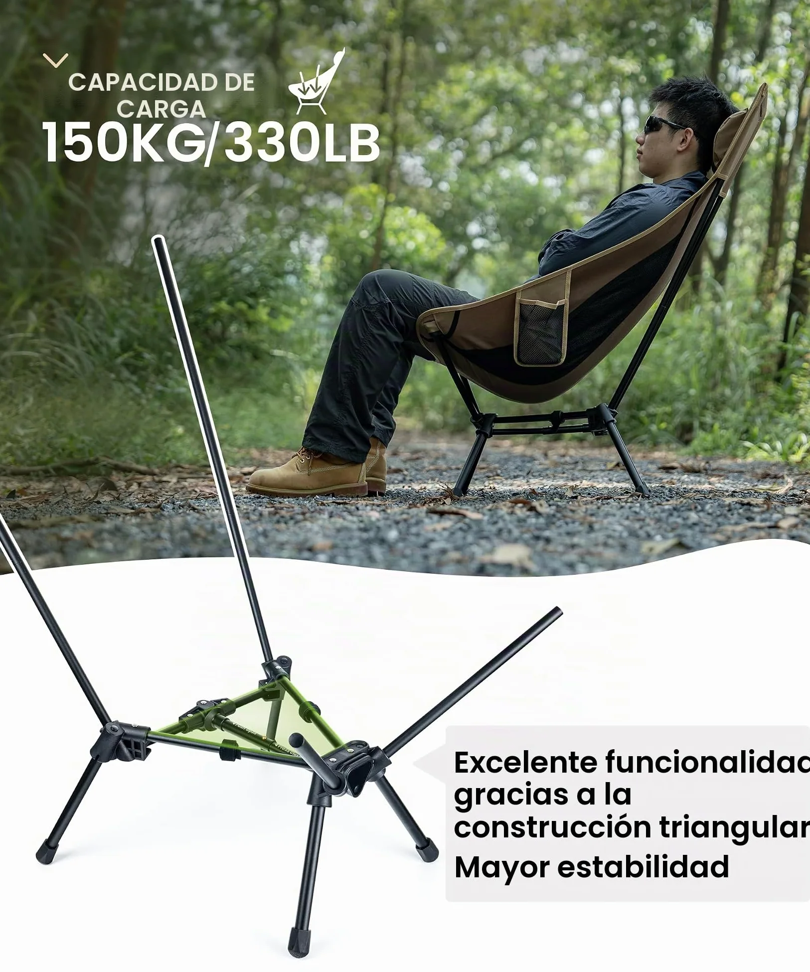 OneTigris TIGERBLADE Silla de Camping con Respaldo Alto, 170 kg, Ligera con Marco Triangular y 2 Bolsillos Laterales, Ultraligera