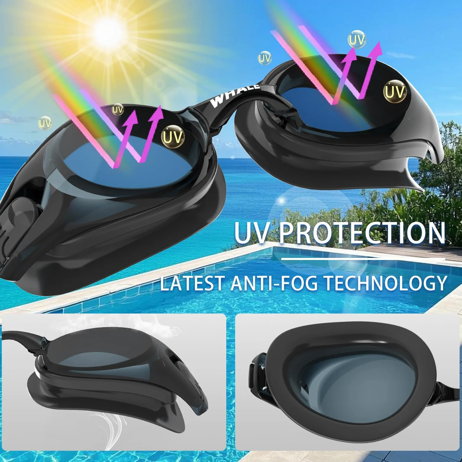 Whale Gafas de natación HD antivaho para adultos y jóvenes, aptas para ambos