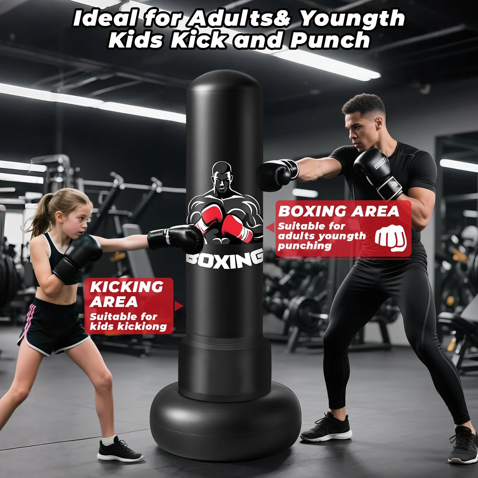 Saco de Boxeo Adultos, 180cm Sacos de Boxeo de Pie on Guantes y Bomba de Aire, Punching Ball Inflable Entrenamiento para Karate, Kickboxing, PVC Fitness Boxeo Regalo Ideal