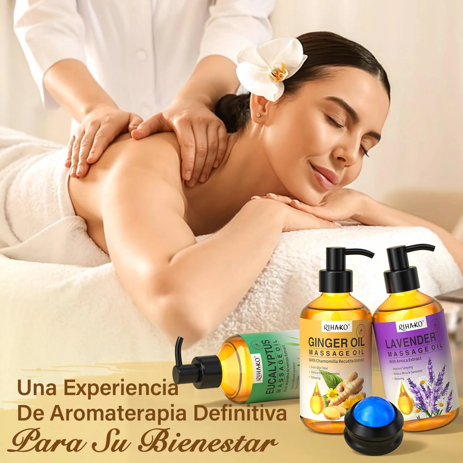 Set Aceites de Masaje para Terapia, Drenaje Linfático, Jengibre, Lavanda, Eucalipto, 3 x 100 ml