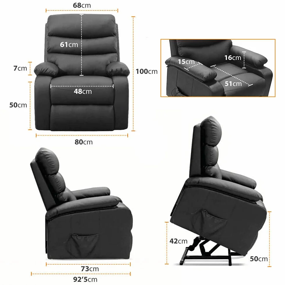 Gridinlux Sillón Relax Masaje Extra Acolchado Negro Reclinable Elevación automática Mando 5 Modos Calor Lumbar 8 Motores 4 Zonas Polipiel