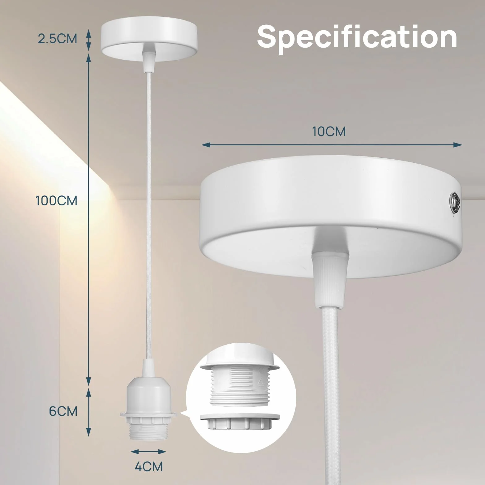 Linkind Portalámpara E27 de Metal Colgante con Cable Ajustable 100 cm Blanco