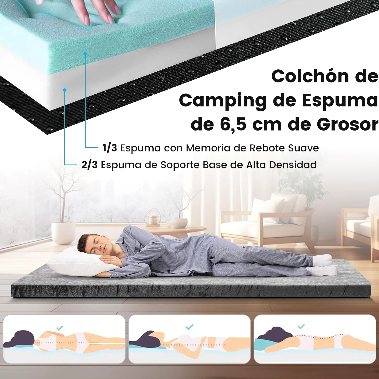 GYMAX Colchón de Espuma Viscoelástica con Bolsa de Transporte, Colchón de Aire, Colchón de Suelo Enrollable, para Camping, 183 x 62,5 x 6,5 cm