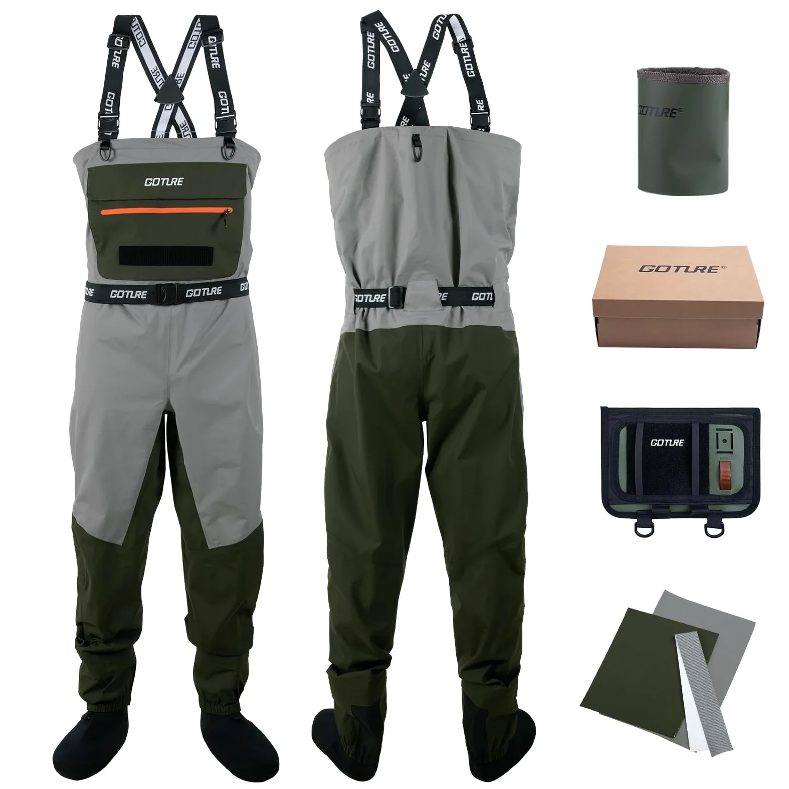 Goture Vadeadores para hombre impermeables, tejido transpirable mejorado, pantalones de vadeo impermeables para pesca con bolsillo impermeable, caza, vadeadores con parche de tela transpirable
