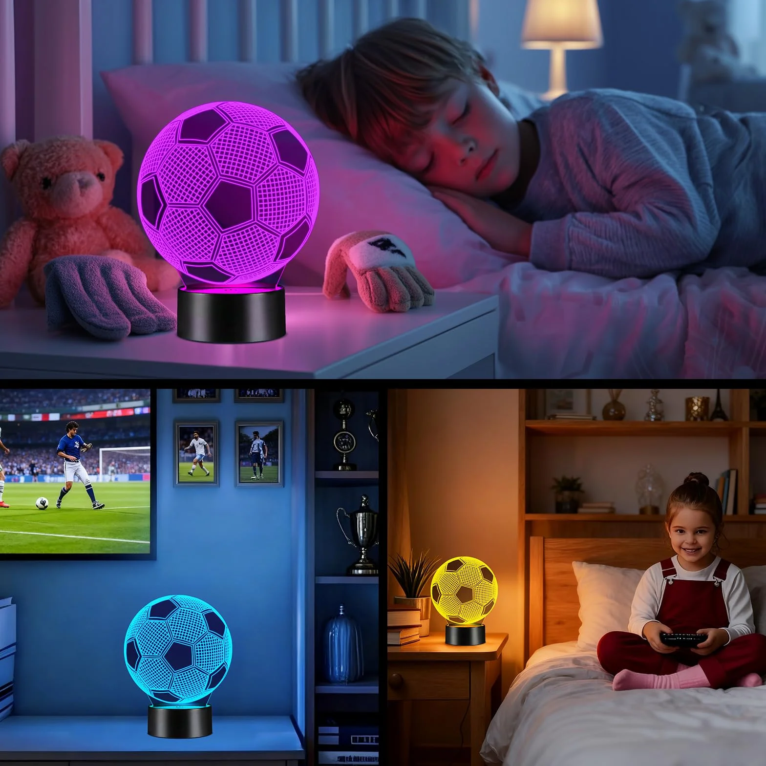 Linkax Luz Nocturna 3D Fútbol Infantil LED 16 Colores Control Remoto Táctil