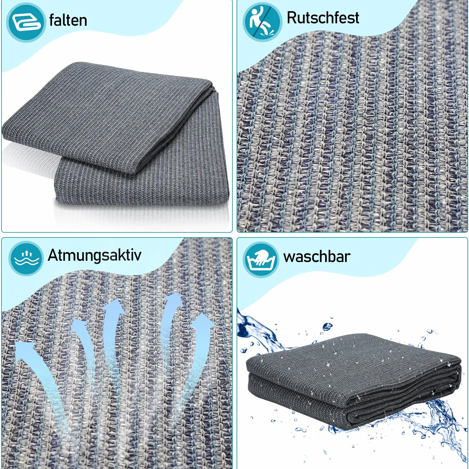 Alfombra para tienda de campaña con 12 agujeros, 13 estacas y bolsa de transporte, de HDPE, transpirable, antideslizante, gris y azul