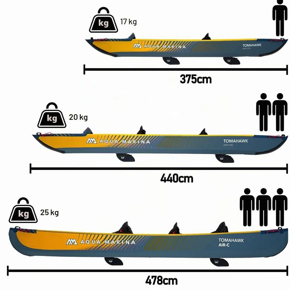 Aqua Marina Tomahawk Air-K Kayak Inflable de Alta presión para 2 Personas, 440 cm de Longitud, Marino/Amarillo