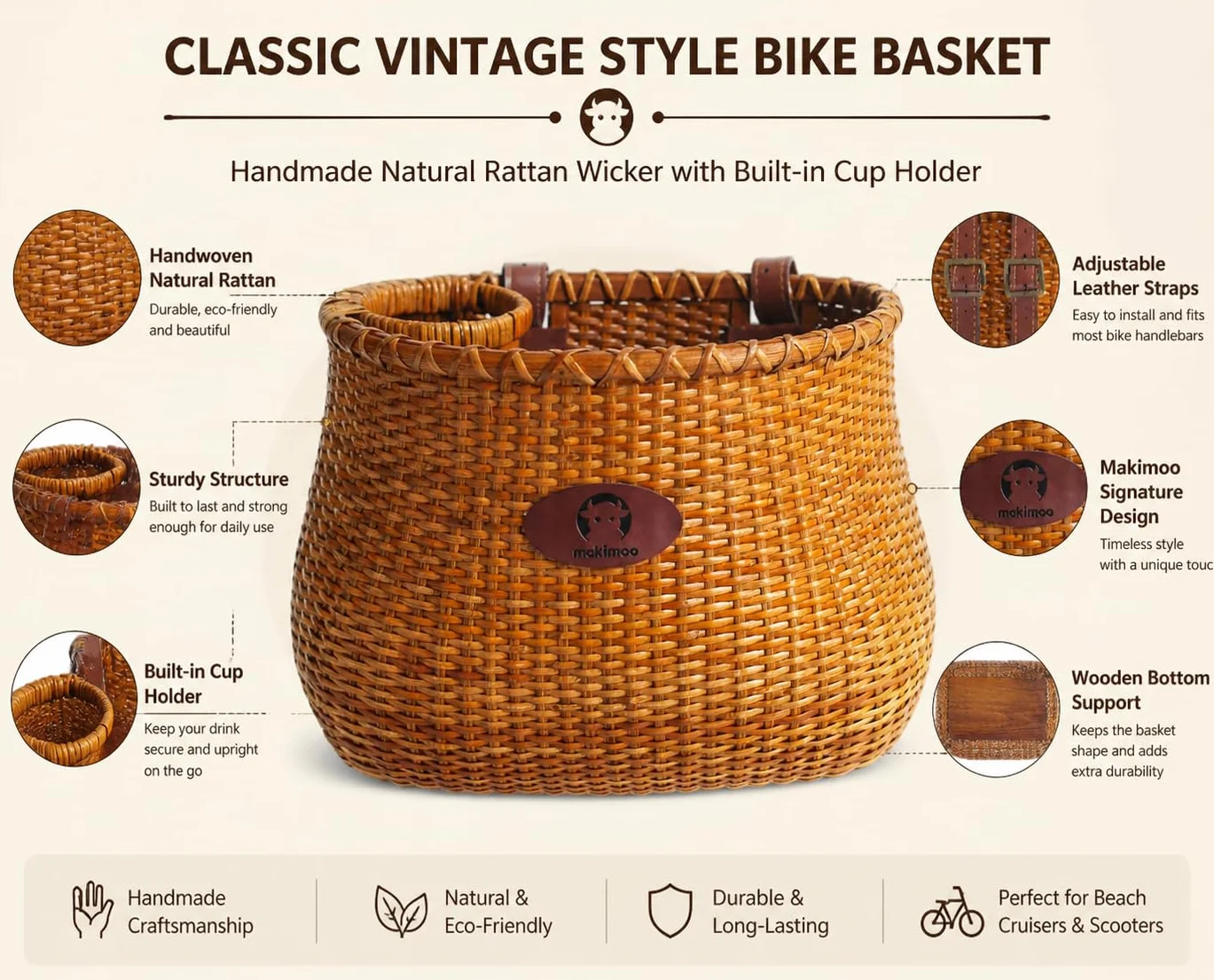 Cesta de mimbre para bicicleta de mujer con portavasos, estilo vintage