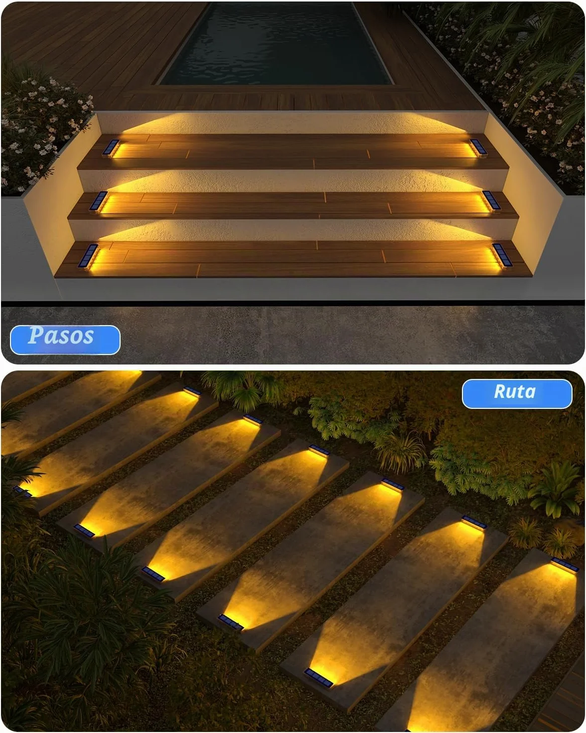 DetarZinLED Luces Solares LED Exterior Jardin 4 uds IP68 Blanco Cálido Impermeable