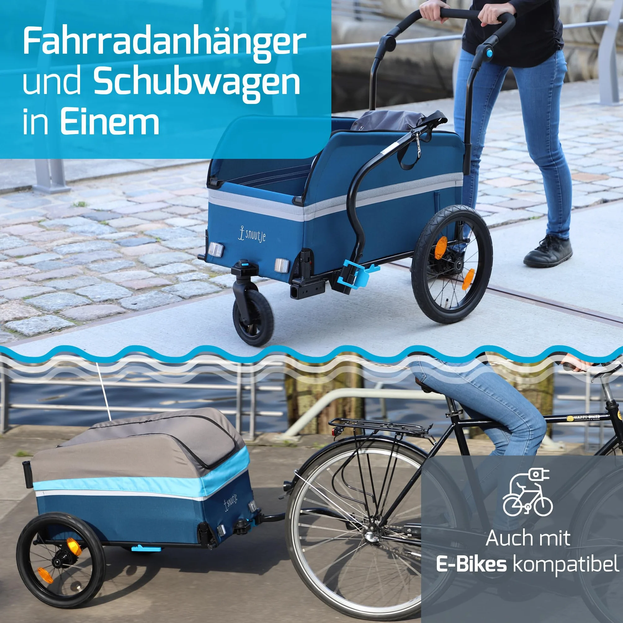 Carro con ruedas (2 en 1, remolque para bicicletas) | Carro de transporte plegable | Remolque para ebike | Función Jogging | Camping, Festival, Jardín | con bandas reflectantes
