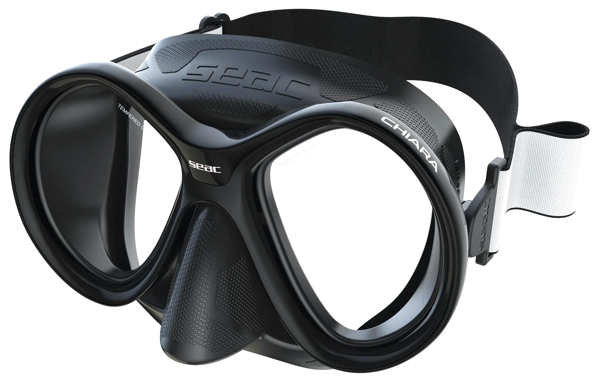 SEAC Chiara Máscara de Lente Doble de Vidrio Templado para Buceo y Snorkeling con Hebilla 3D, con Correa Textil o de Silicona, Unisex Adulto