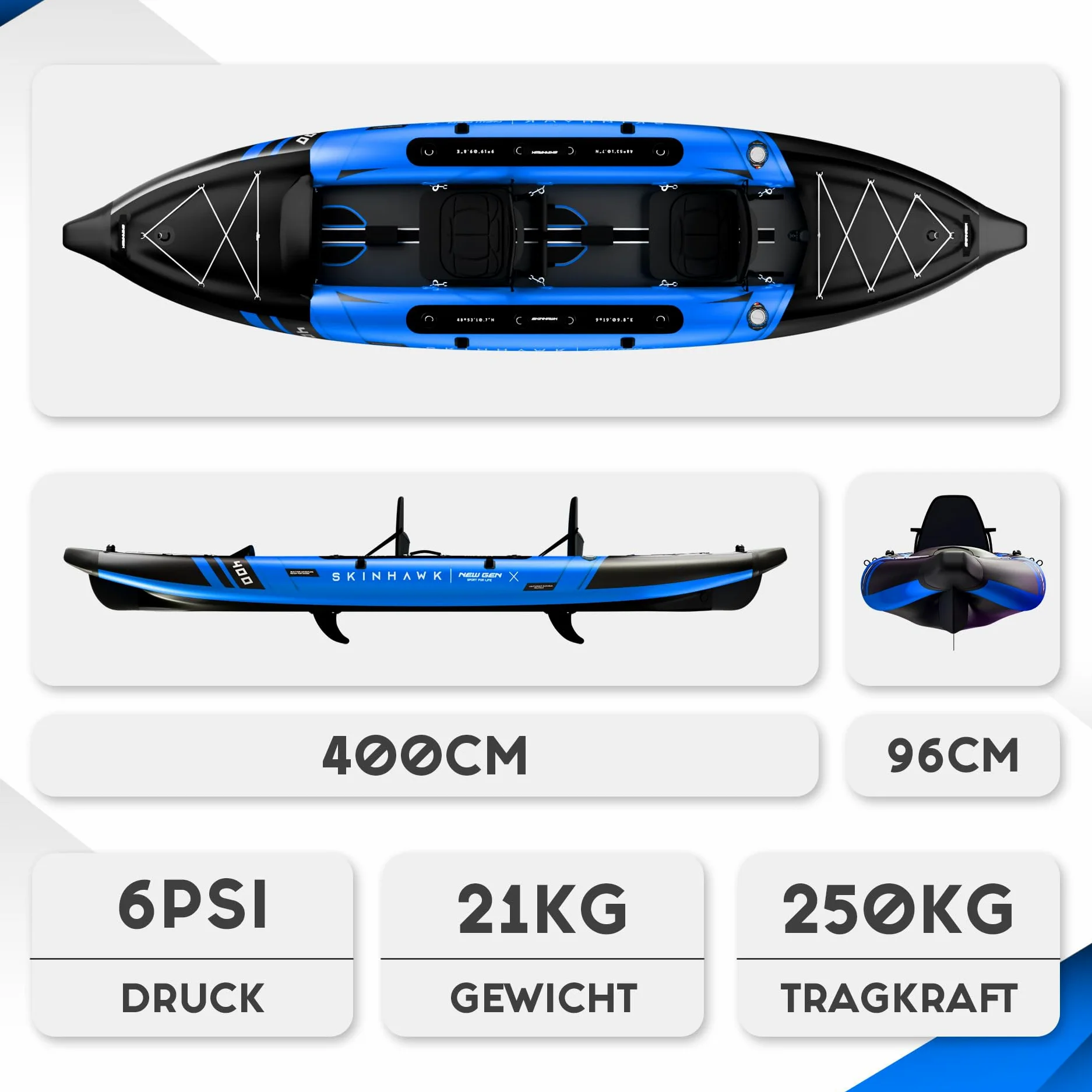 SKINHAWK Prestige Blue Kayak Set 400 – Barco inflable – Canoa – 400 x 96 cm – Kayak para 2 personas