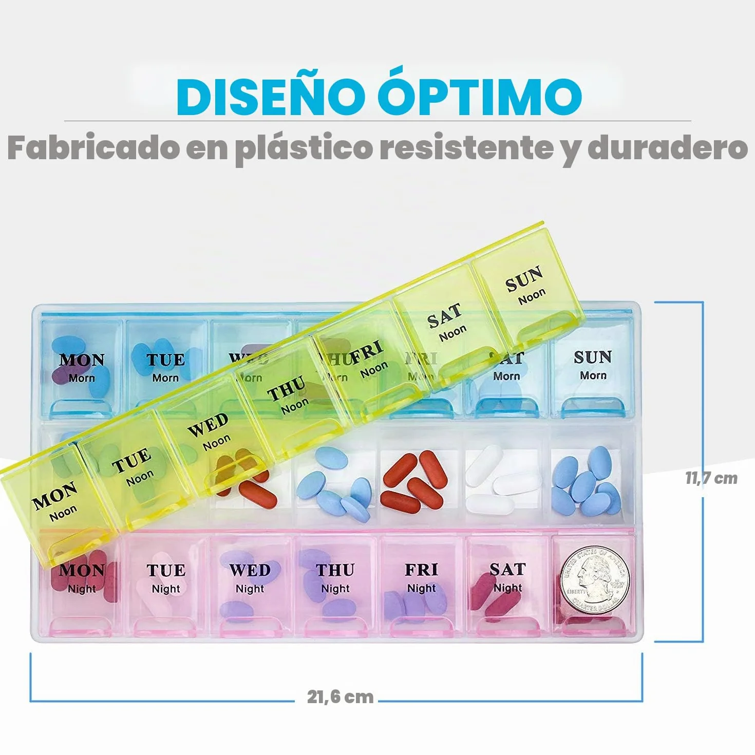 Pastillero semanal para vitaminas y medicamentos, organizador 21 tomas, 3 tomas diarias, 2 unidades